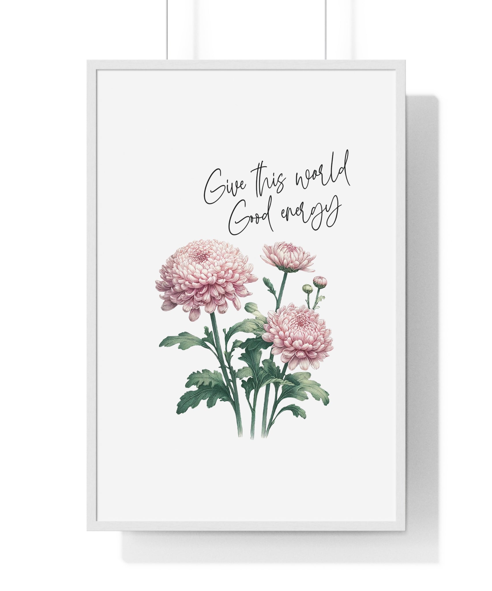 November Birth Month Flower Wall Art – Chrysanthemum Illustration with Inspirational Quote in Wooden Frame | Good Energy & Joy