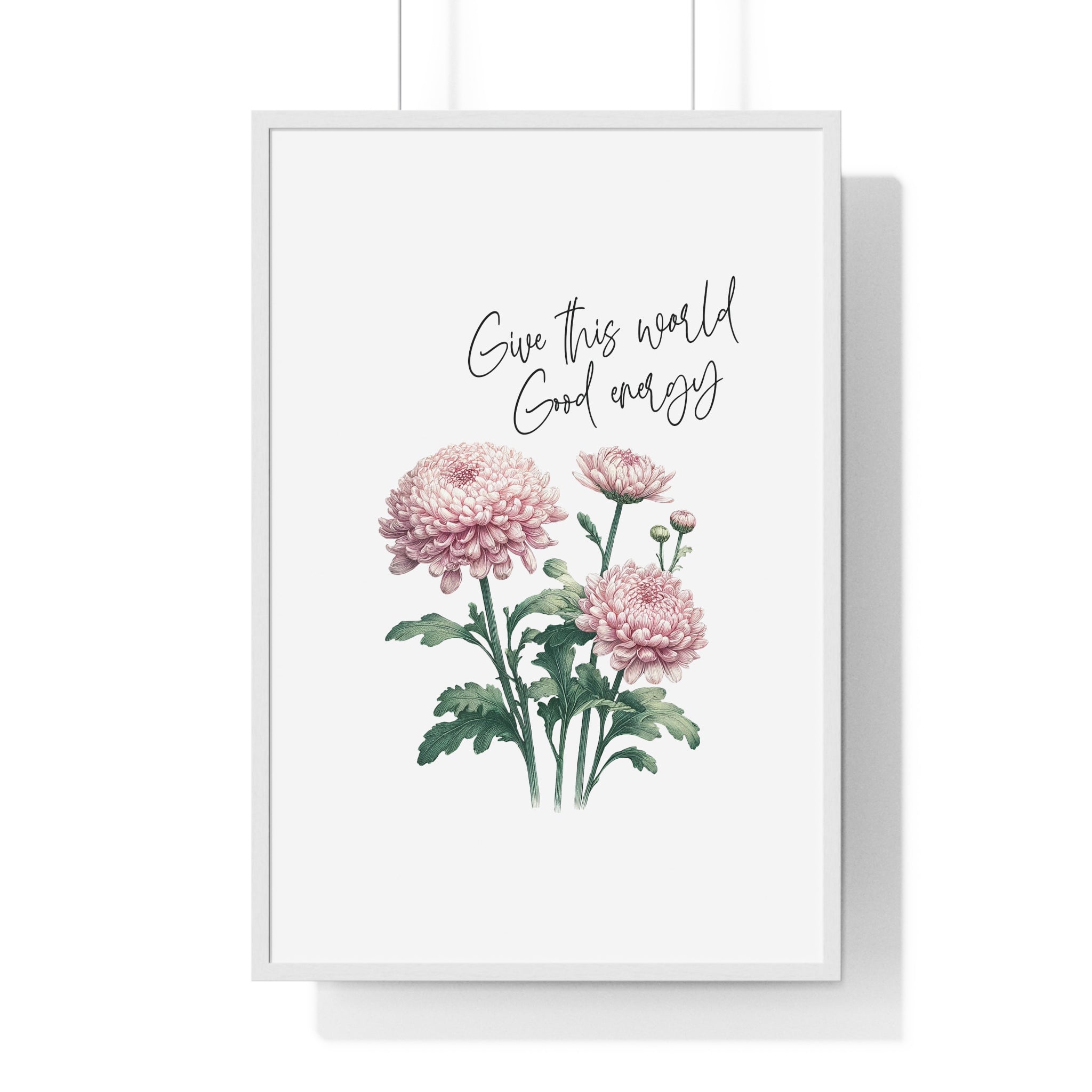 November Birth Month Flower Wall Art – Chrysanthemum Illustration with Inspirational Quote in Wooden Frame | Good Energy & Joy