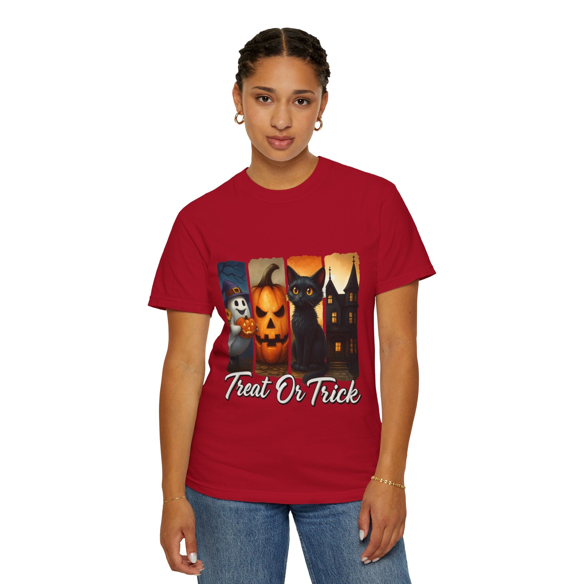 Treat Or Trick Halloween T-Shirt – Cute Ghost, Pumpkin, Black Cat & Haunted House Design