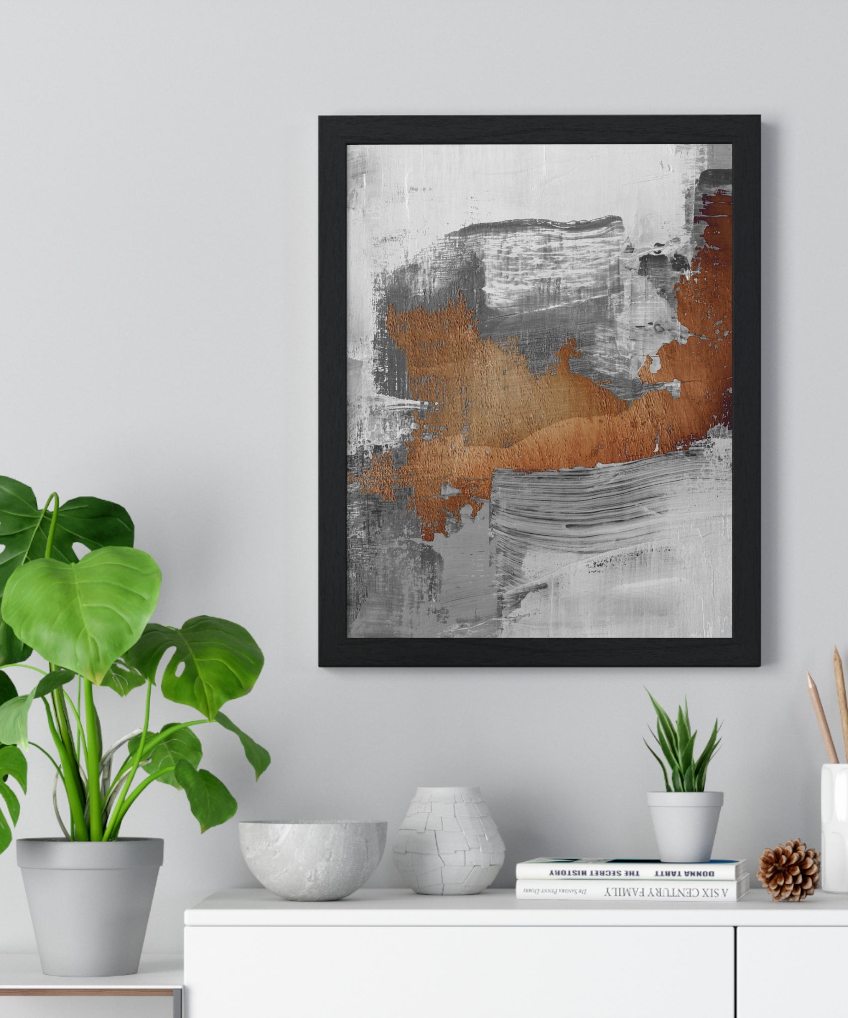 Textured Abstract Wall Art – Grey, Copper & White Modern Brushstroke Poster on Wooden Frame