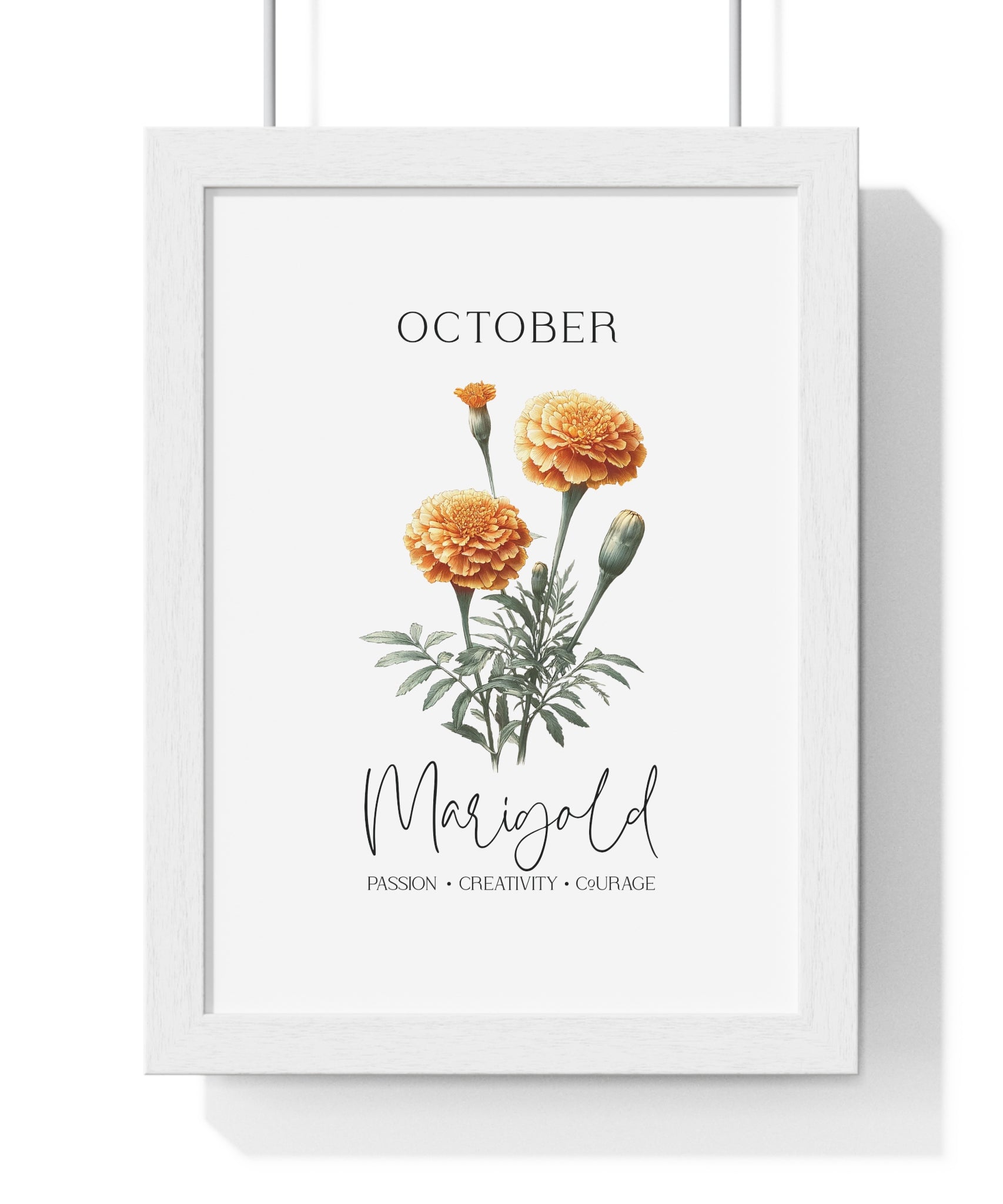 October Birth Month Flower Wall Art – Marigold Illustration in Wooden Frame | Passion, Creativity & Courage