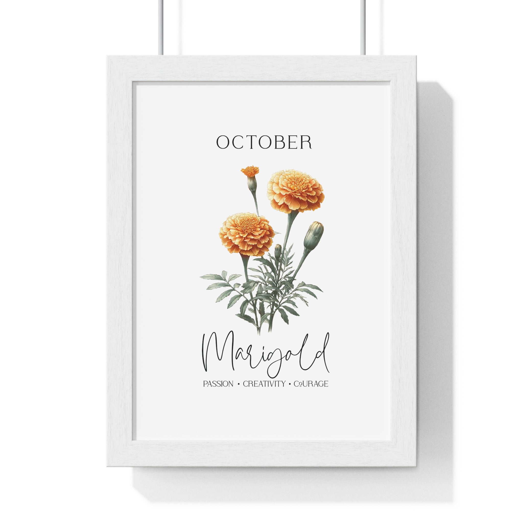 October Birth Month Flower Wall Art – Marigold Illustration in Wooden Frame | Passion, Creativity & Courage