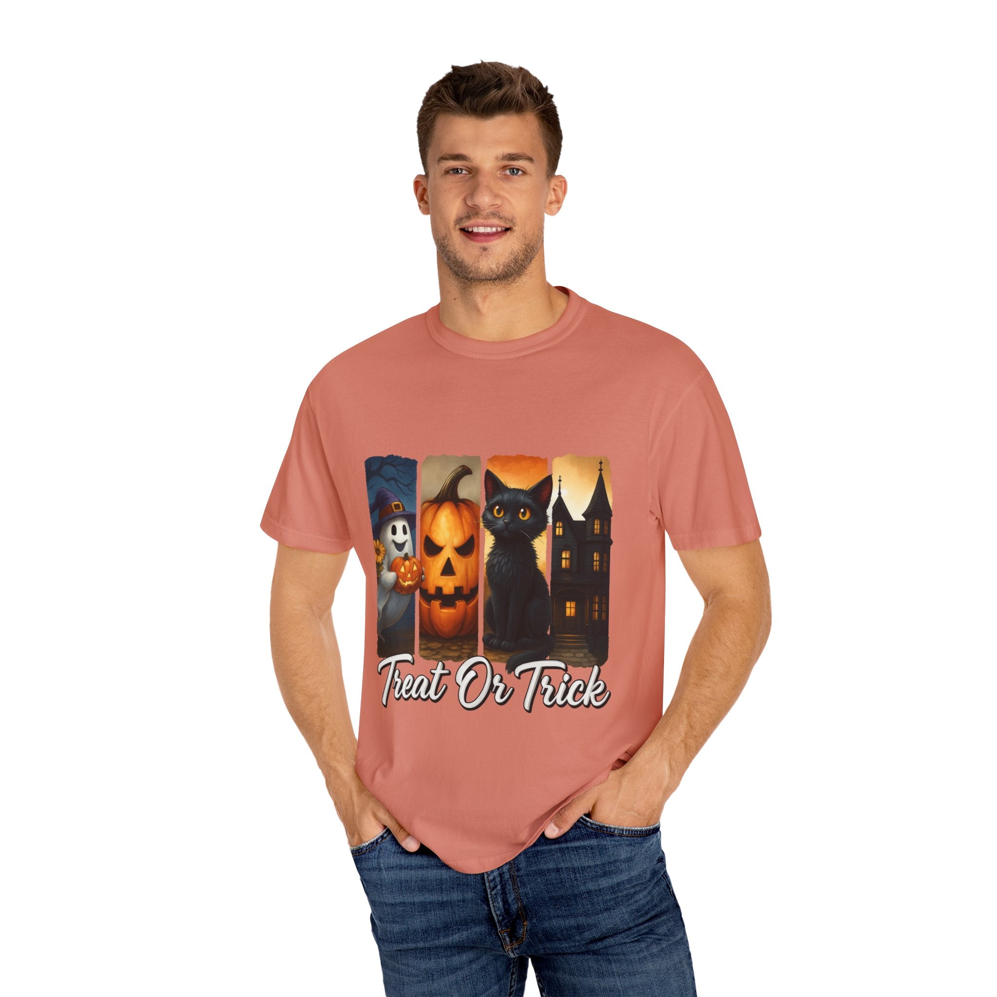 Treat Or Trick Halloween T-Shirt – Cute Ghost, Pumpkin, Black Cat & Haunted House Design