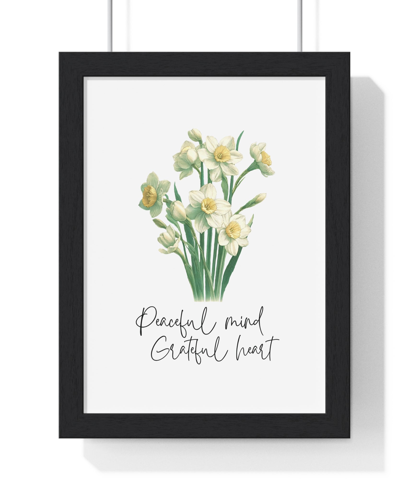 December Birth Month Flower Wall Art – Narcissus Illustration with Inspirational Quote in Wooden Frame | Peaceful Mind & Grateful Heart