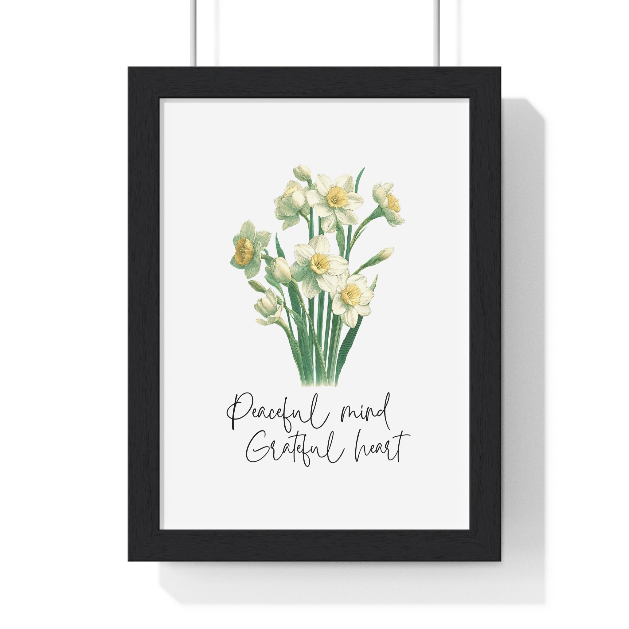 December Birth Month Flower Wall Art – Narcissus Illustration with Inspirational Quote in Wooden Frame | Peaceful Mind & Grateful Heart