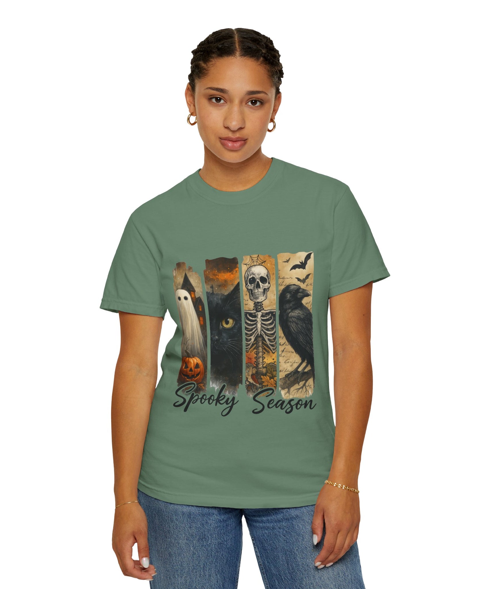 Spooky Season Gothic Halloween T-Shirt – Ghost, Black Cat, Skeleton & Raven Design - Gallory Hive