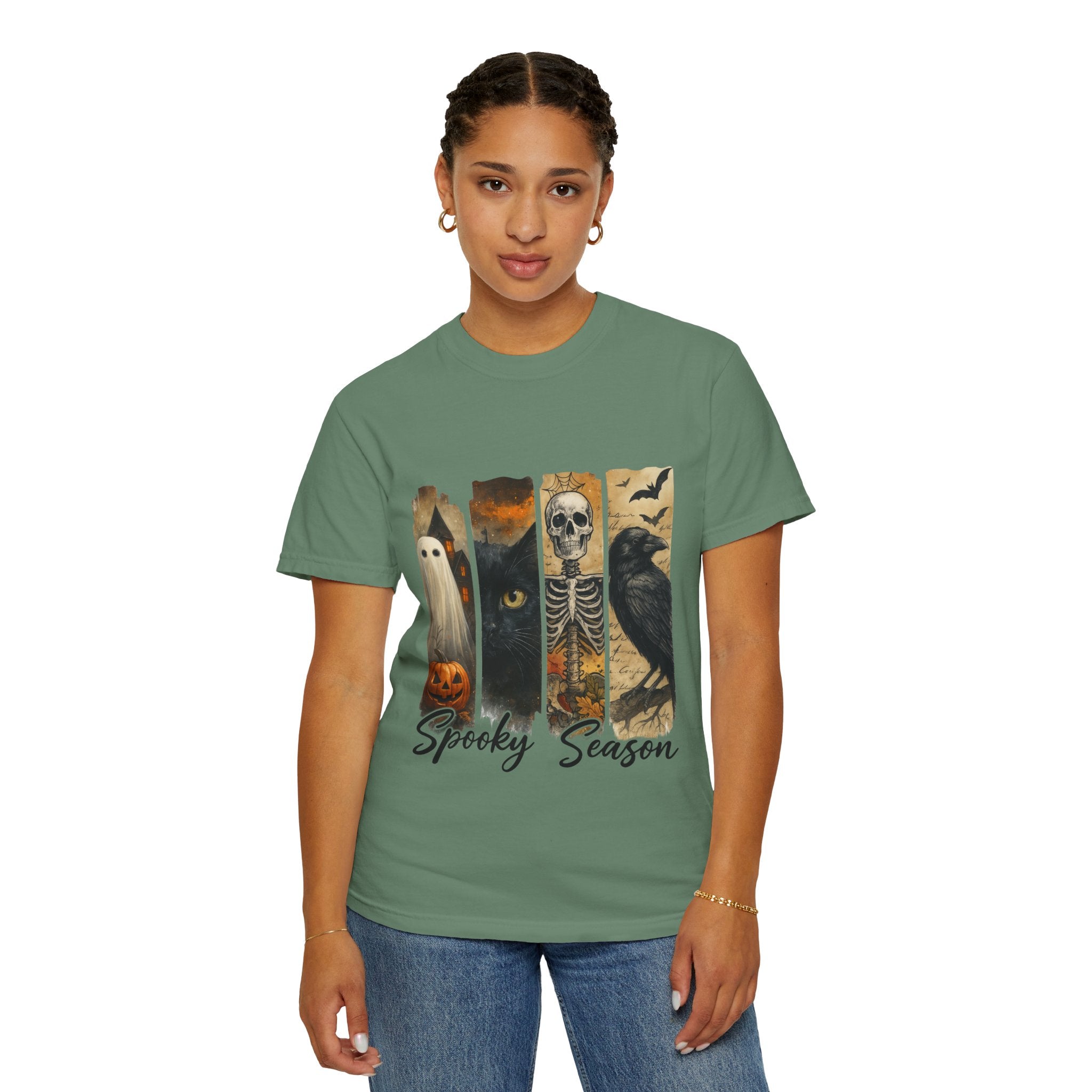 Spooky Season Gothic Halloween T-Shirt – Ghost, Black Cat, Skeleton & Raven Design