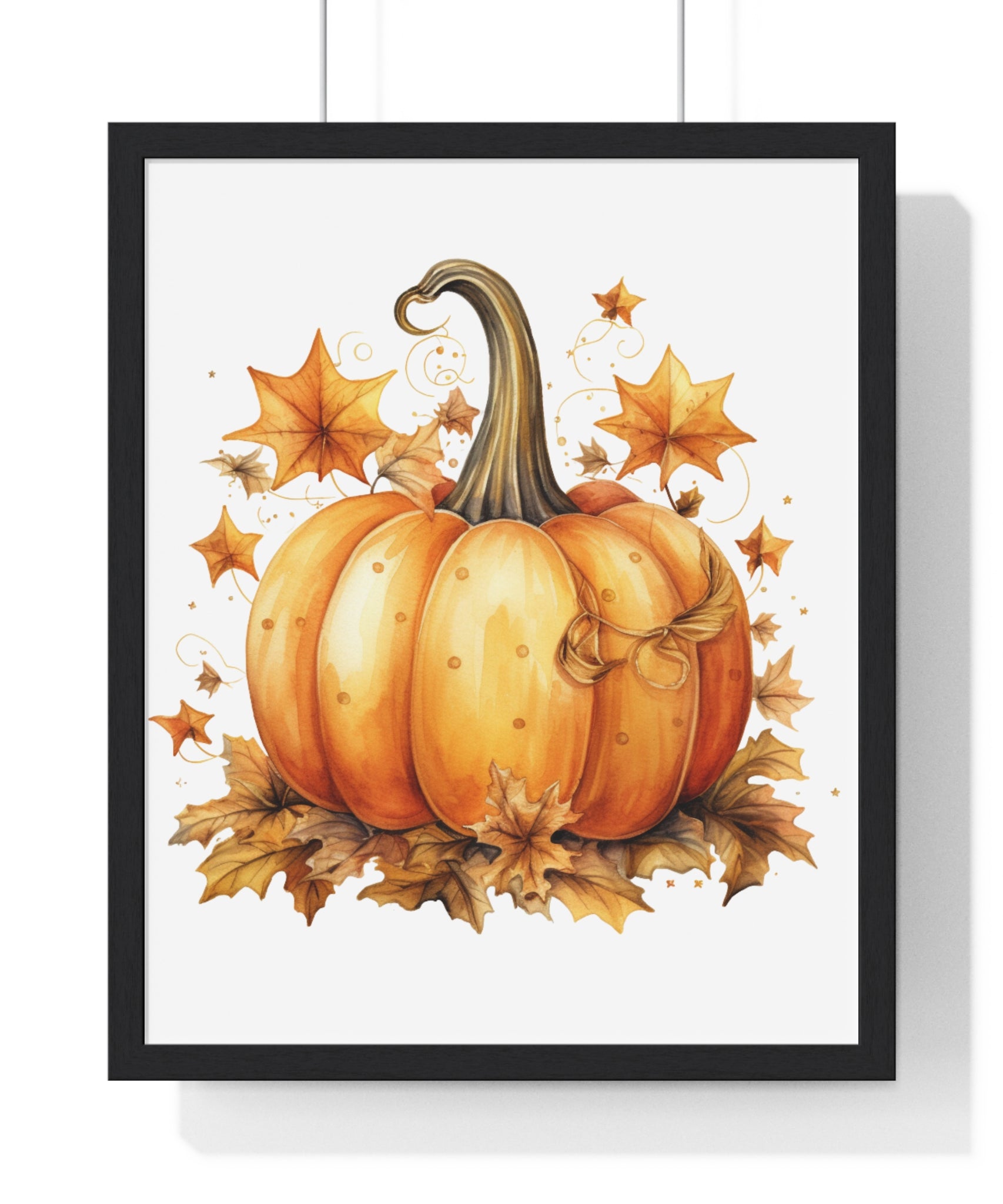 Decorative Autumn Pumpkin Wall Art – Bow-Tied Harvest Poster with Leaves & Swirls | Wooden Frame Fall Decor