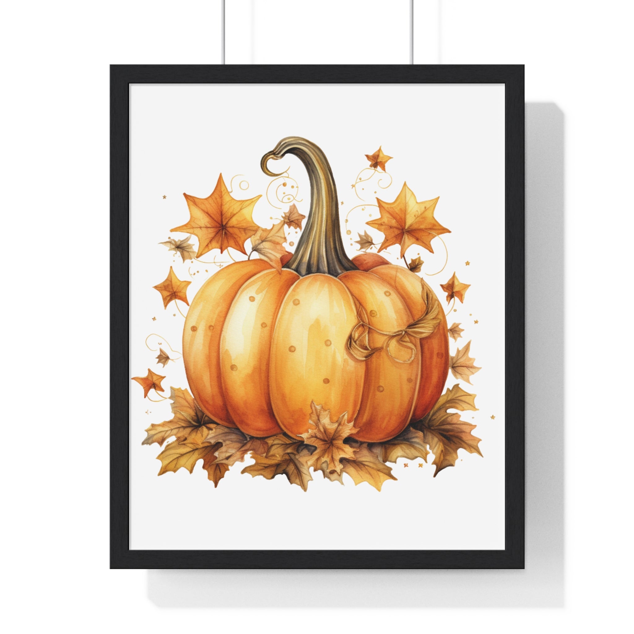 Decorative Autumn Pumpkin Wall Art – Bow-Tied Harvest Poster with Leaves & Swirls | Wooden Frame Fall Decor