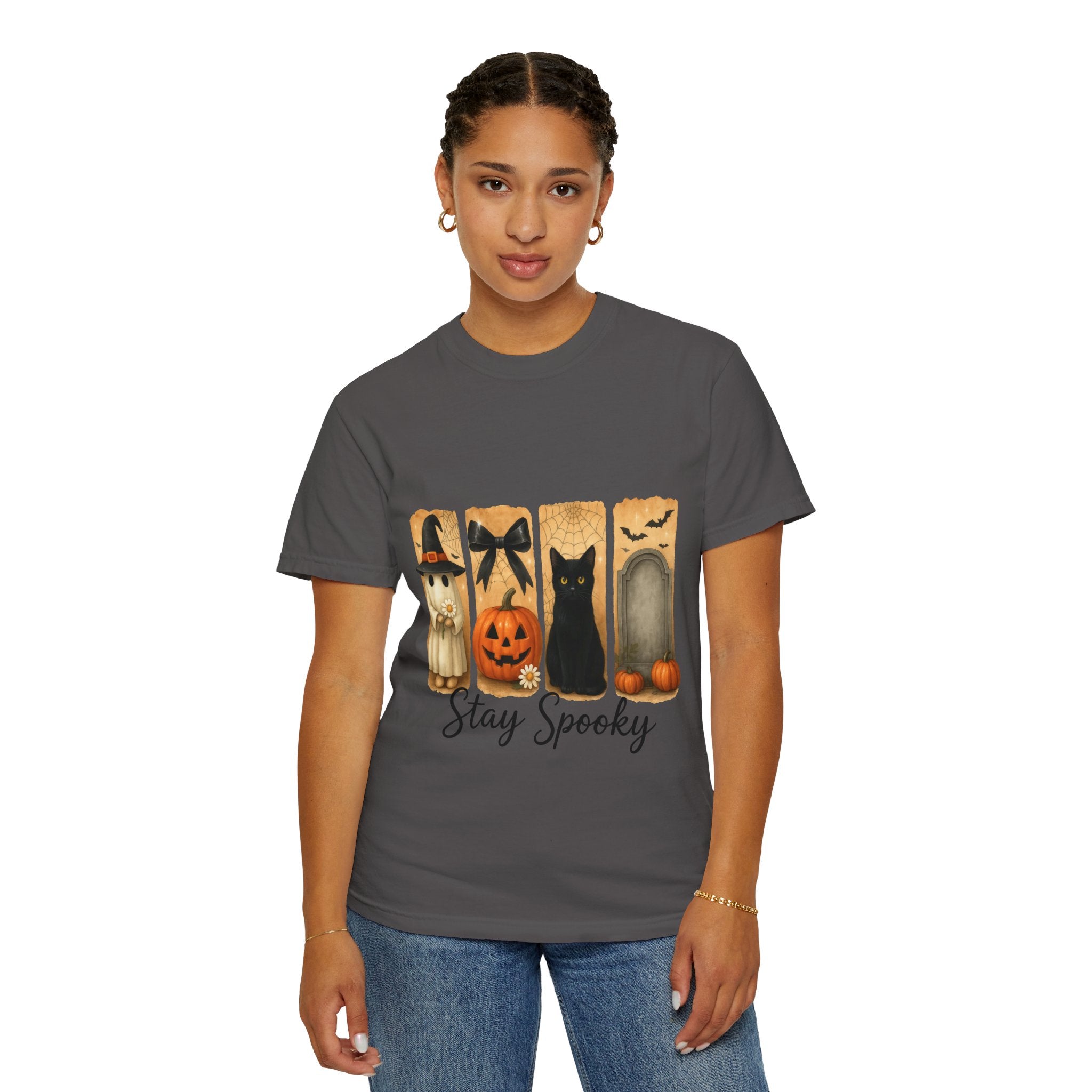 Cute Halloween T-Shirt – Ghost in Witch Hat, Pumpkin, Black Cat & Tombstone Design