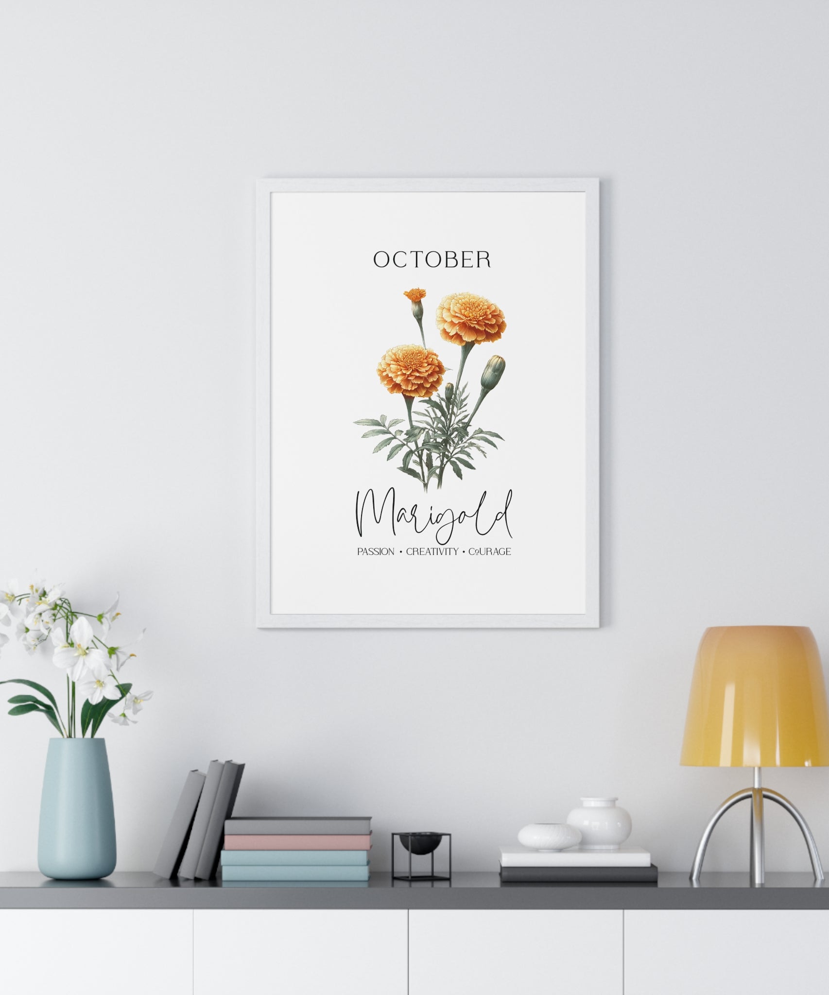 October Birth Month Flower Wall Art – Marigold Illustration in Wooden Frame | Passion, Creativity & Courage