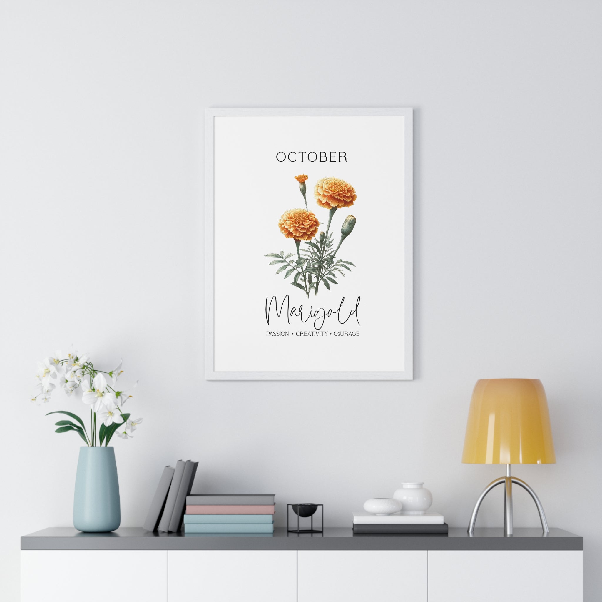 October Birth Month Flower Wall Art – Marigold Illustration in Wooden Frame | Passion, Creativity & Courage