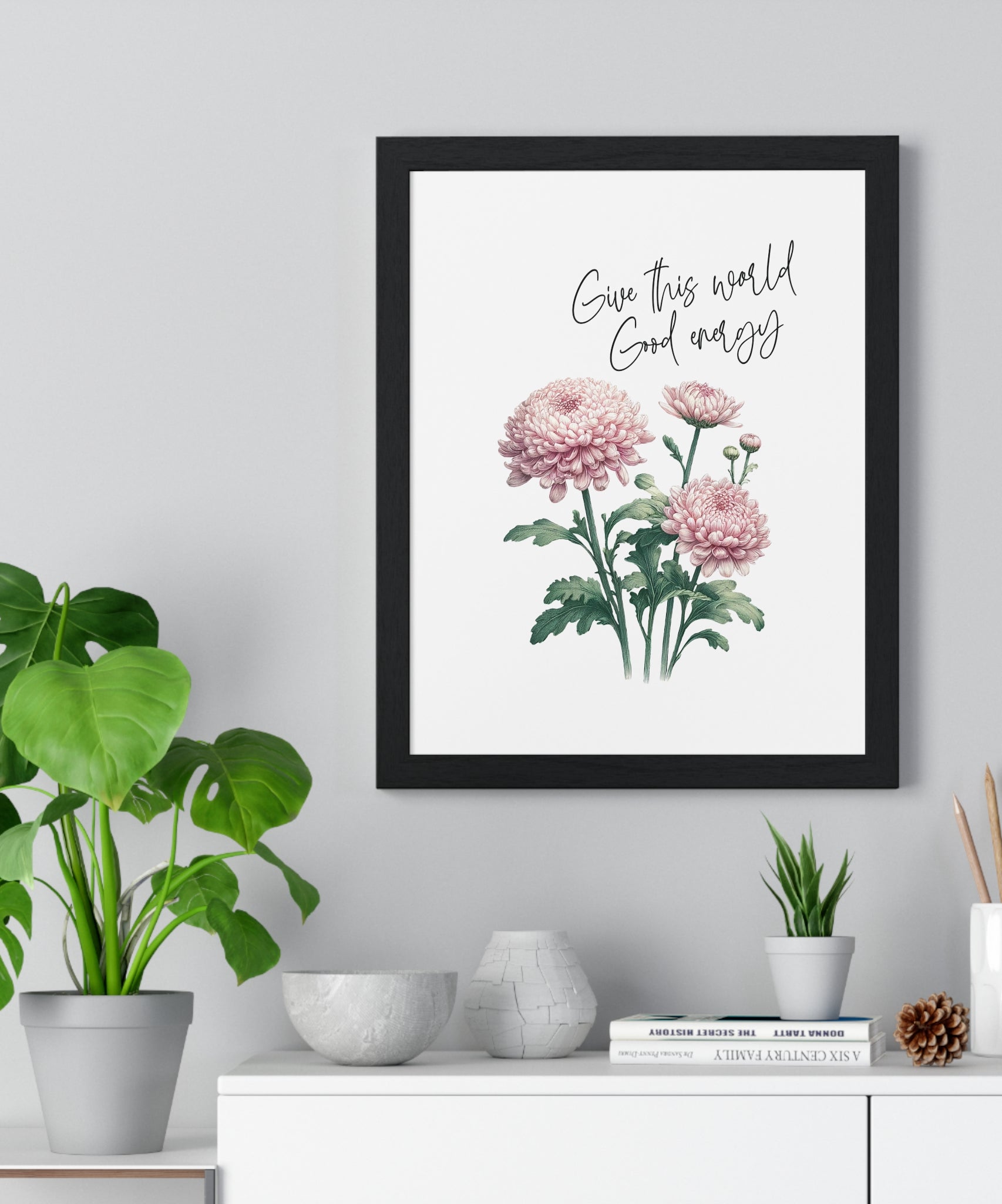 November Birth Month Flower Wall Art – Chrysanthemum Illustration with Inspirational Quote in Wooden Frame | Good Energy & Joy