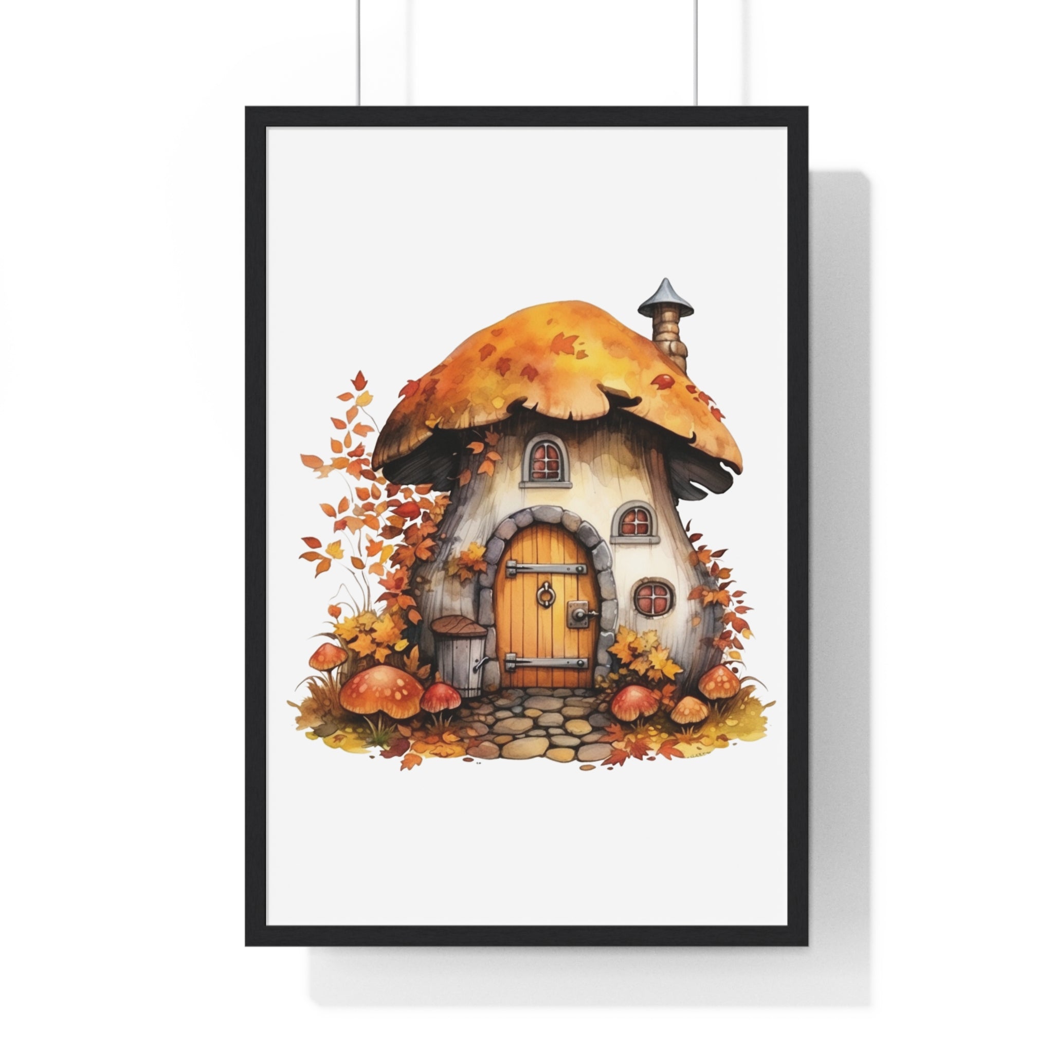 Whimsical Mushroom House Wall Art – Autumn Fairy-Tale Cottage with Pumpkins & Leaves | Wooden Frame Seasonal Decor