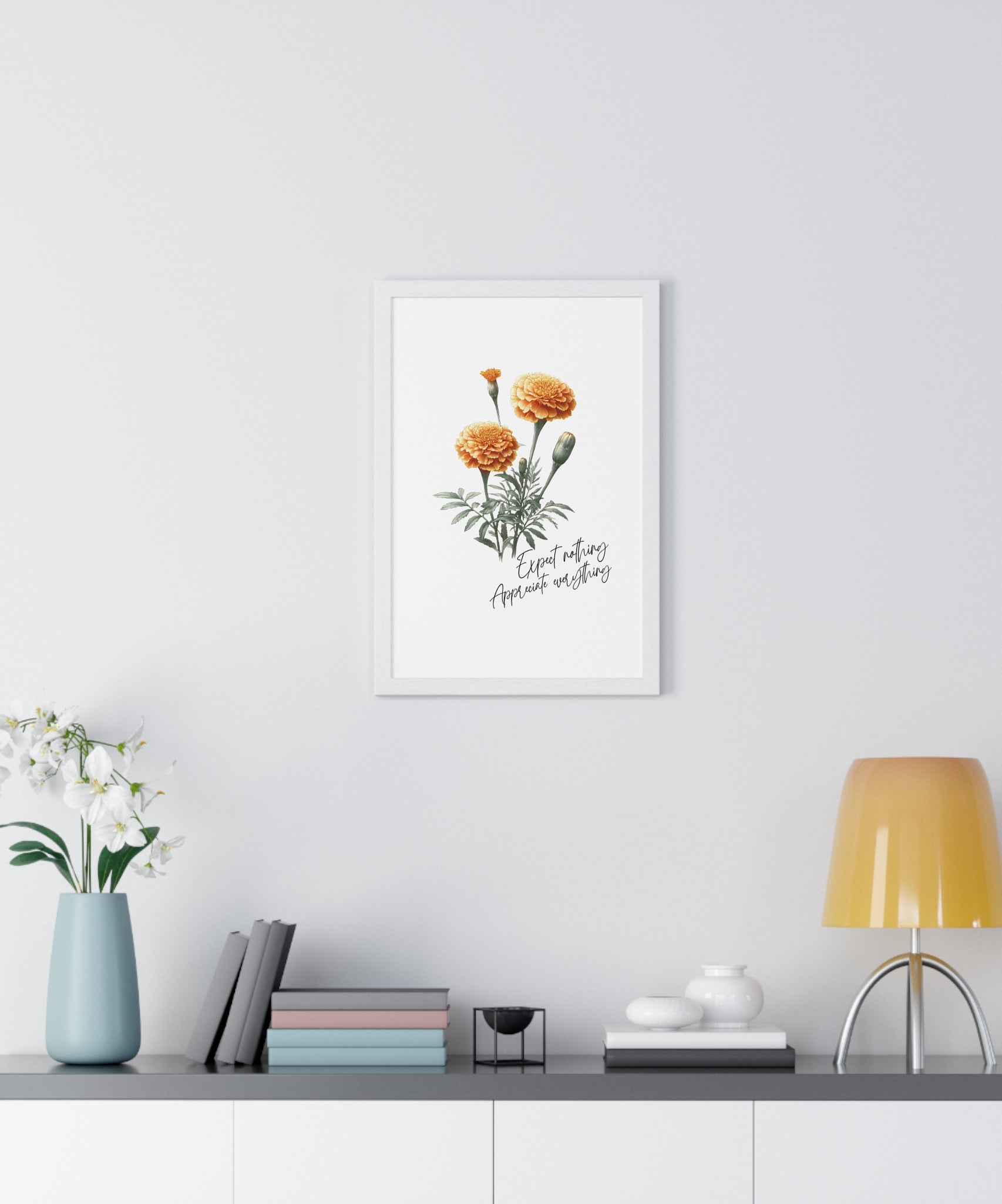 October Birth Month Flower Wall Art – Marigold Illustration with Inspirational Quote in Wooden Frame