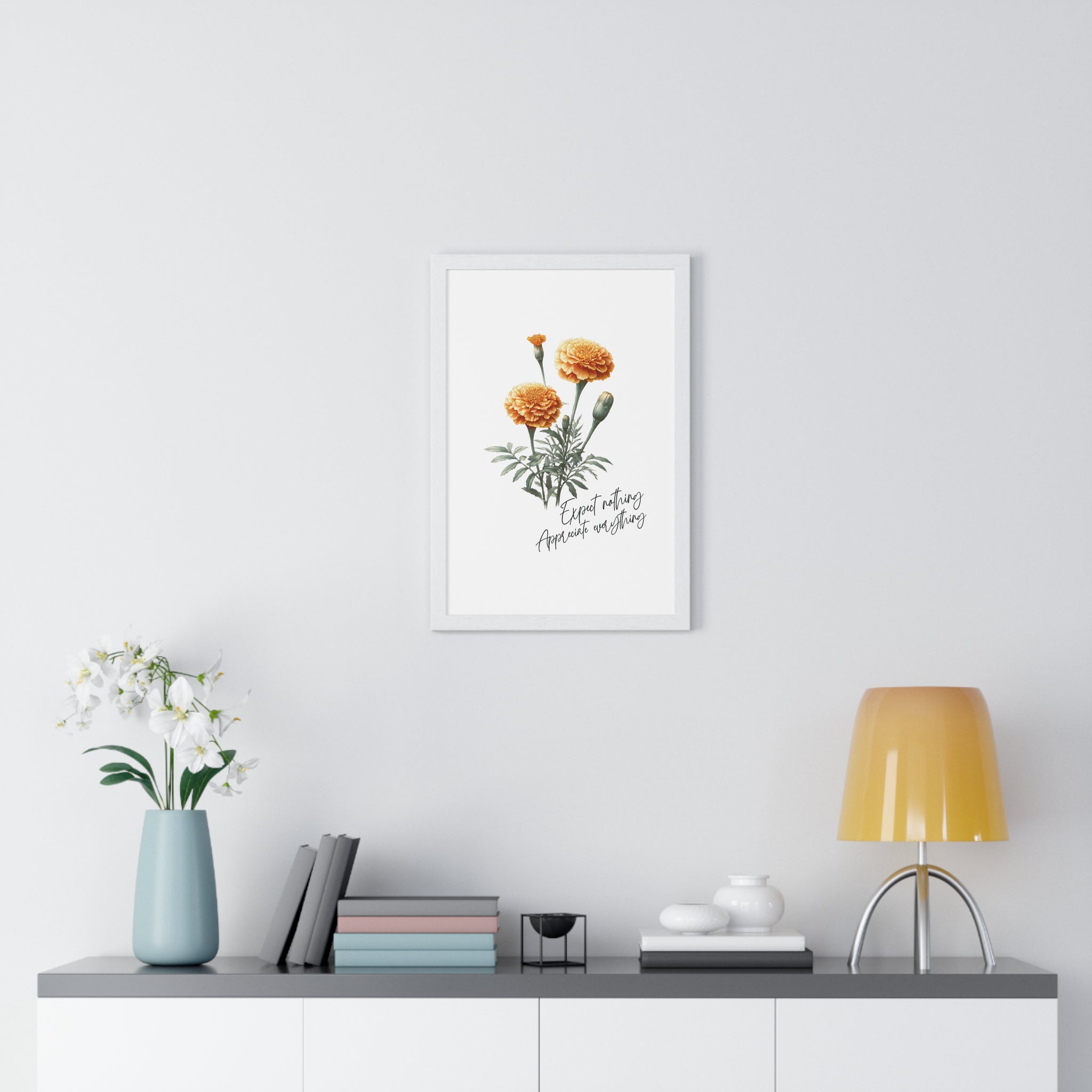 October Birth Month Flower Wall Art – Marigold Illustration with Inspirational Quote in Wooden Frame