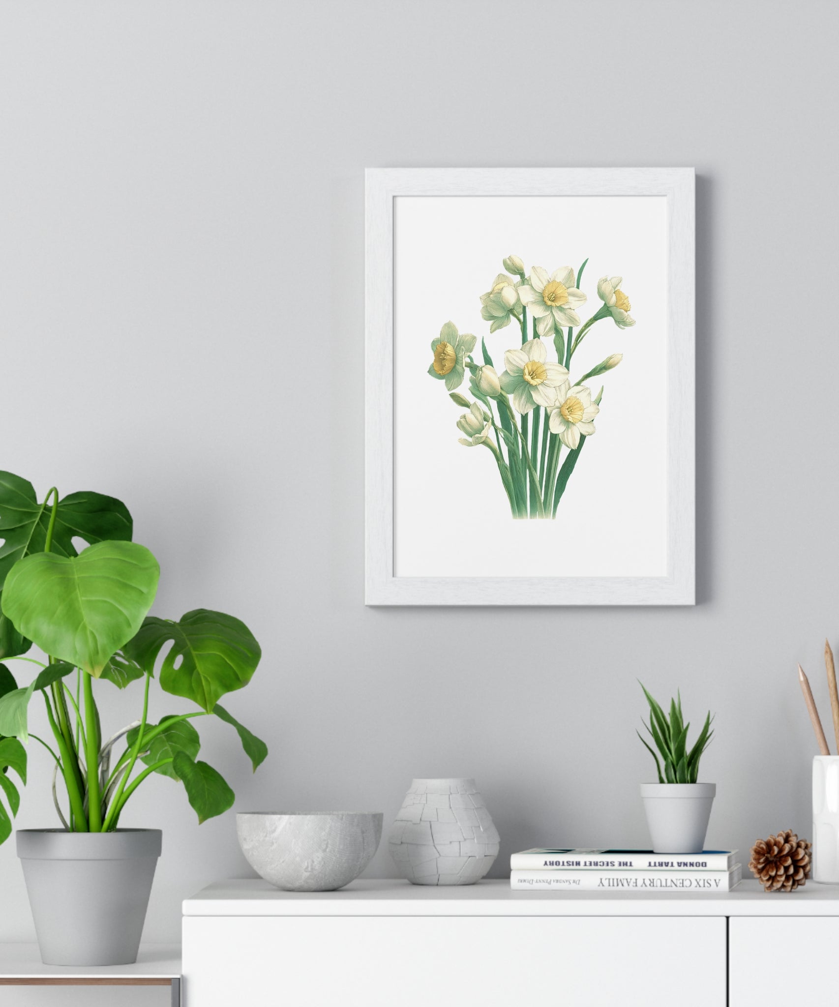 December Birth Month Flower Wall Art – Narcissus Botanical Illustration in Wooden Frame | Hope, Good Fortune & Renewal