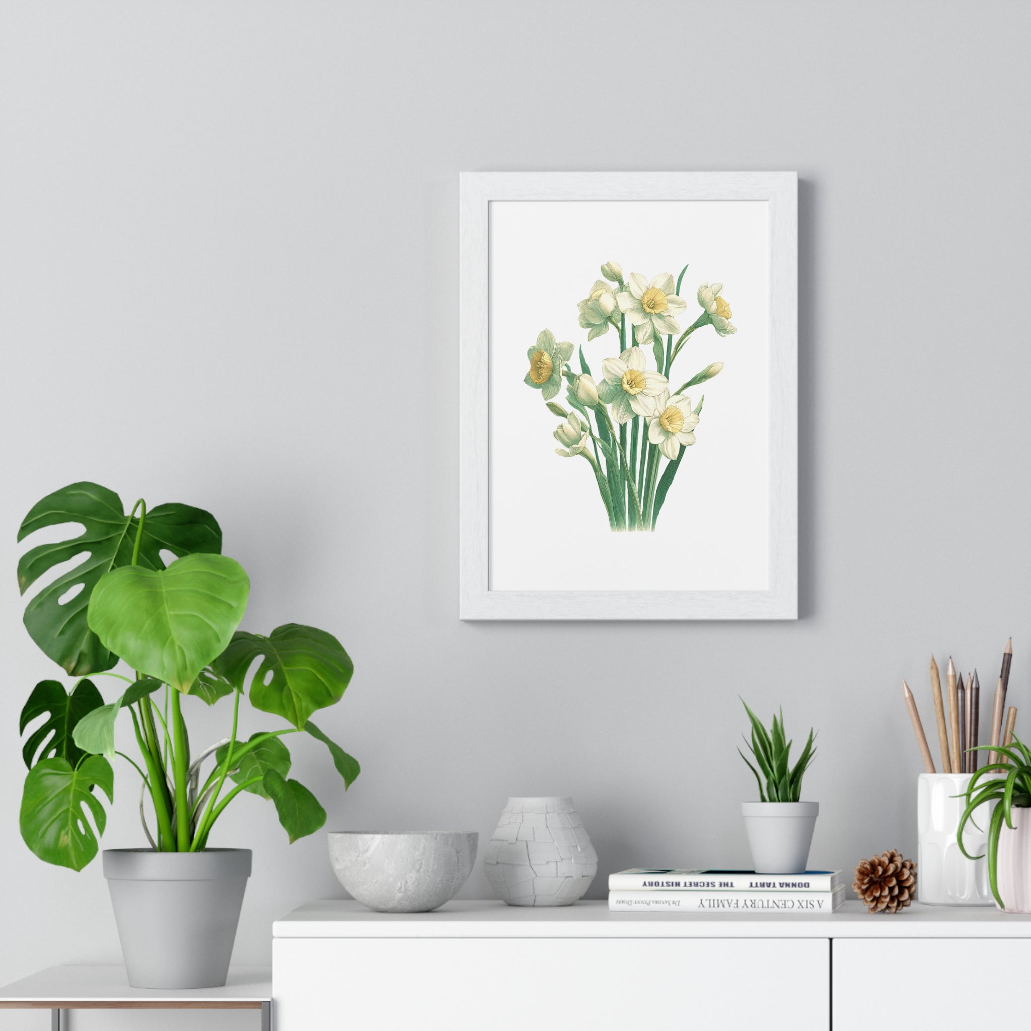 December Birth Month Flower Wall Art – Narcissus Botanical Illustration in Wooden Frame | Hope, Good Fortune & Renewal