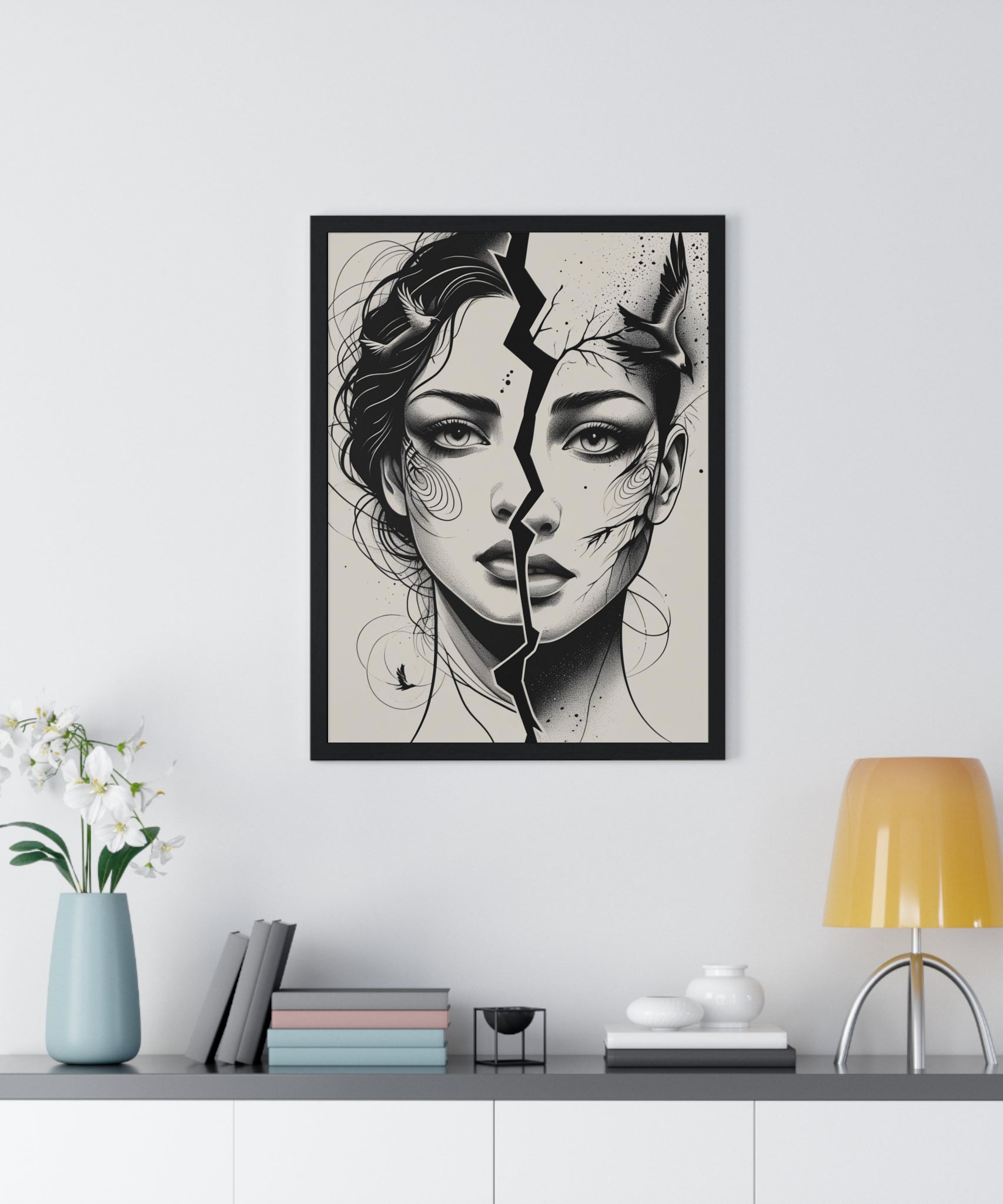 Vertical Framed Poster, Women Split Face Home Decor Art Modern Wall Unique Gift Inspirational Artwork, Wall Hanging Art Print - Gallory Hive