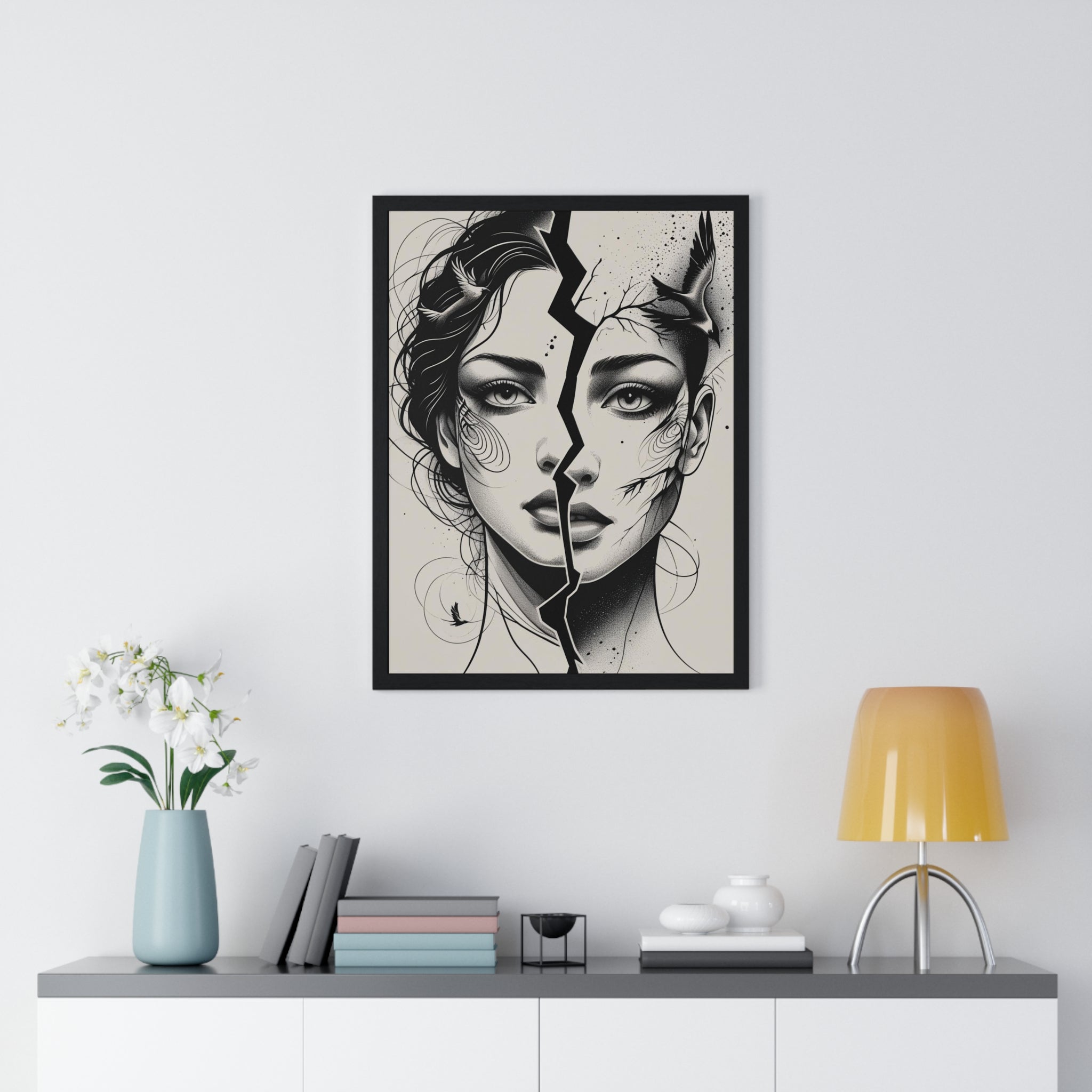 Vertical Framed Poster, Women Split Face Home Decor Art Modern Wall Unique Gift Inspirational Artwork, Wall Hanging Art Print