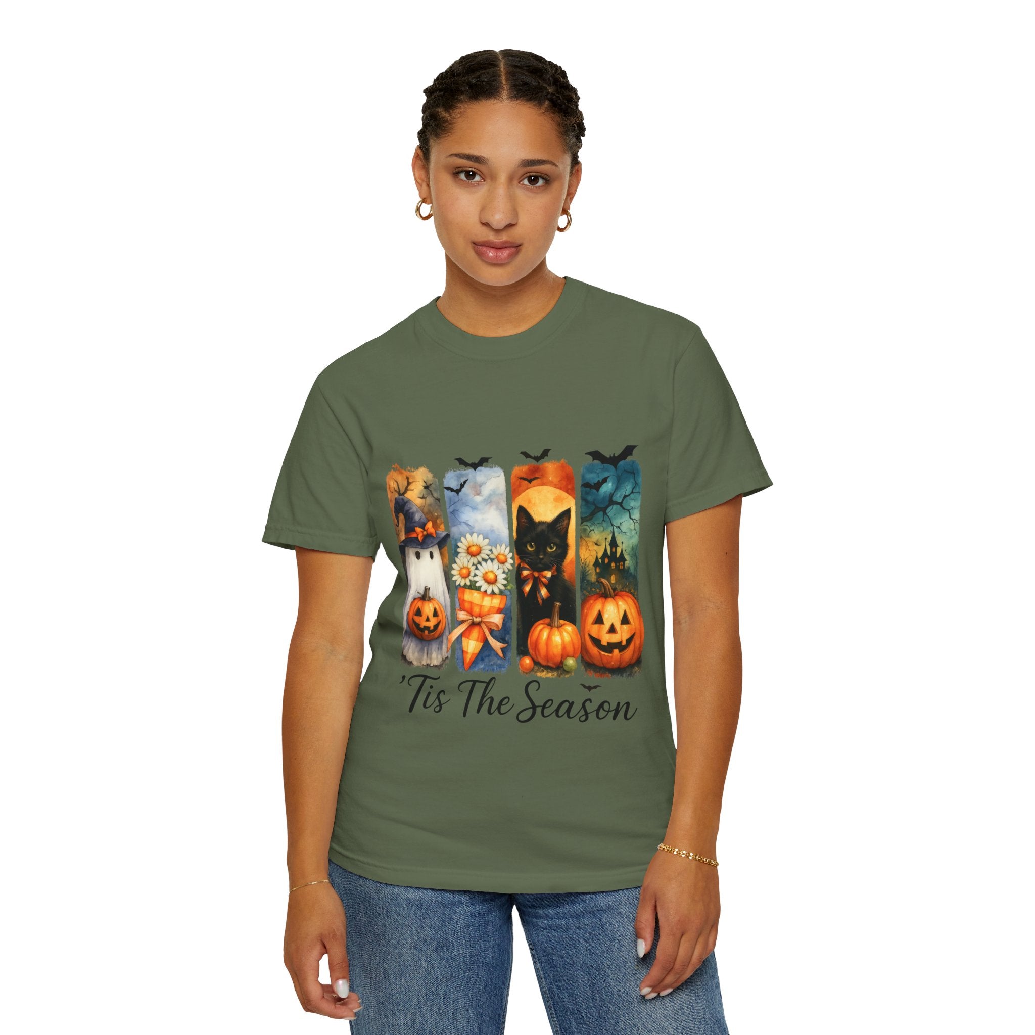 Whimsical Halloween T-Shirt – Ghost, Black Cat, Pumpkins & Haunted House Design