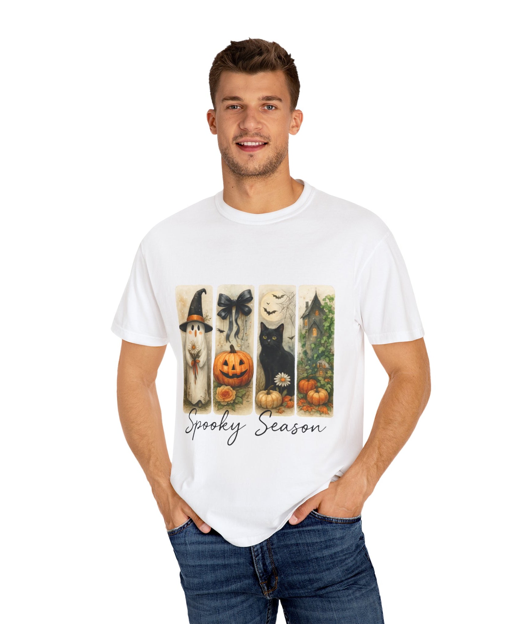 Vintage Halloween Unisex T-Shirt – Cute Ghost, Black Cat, Pumpkin & Haunted House Art - Gallory Hive