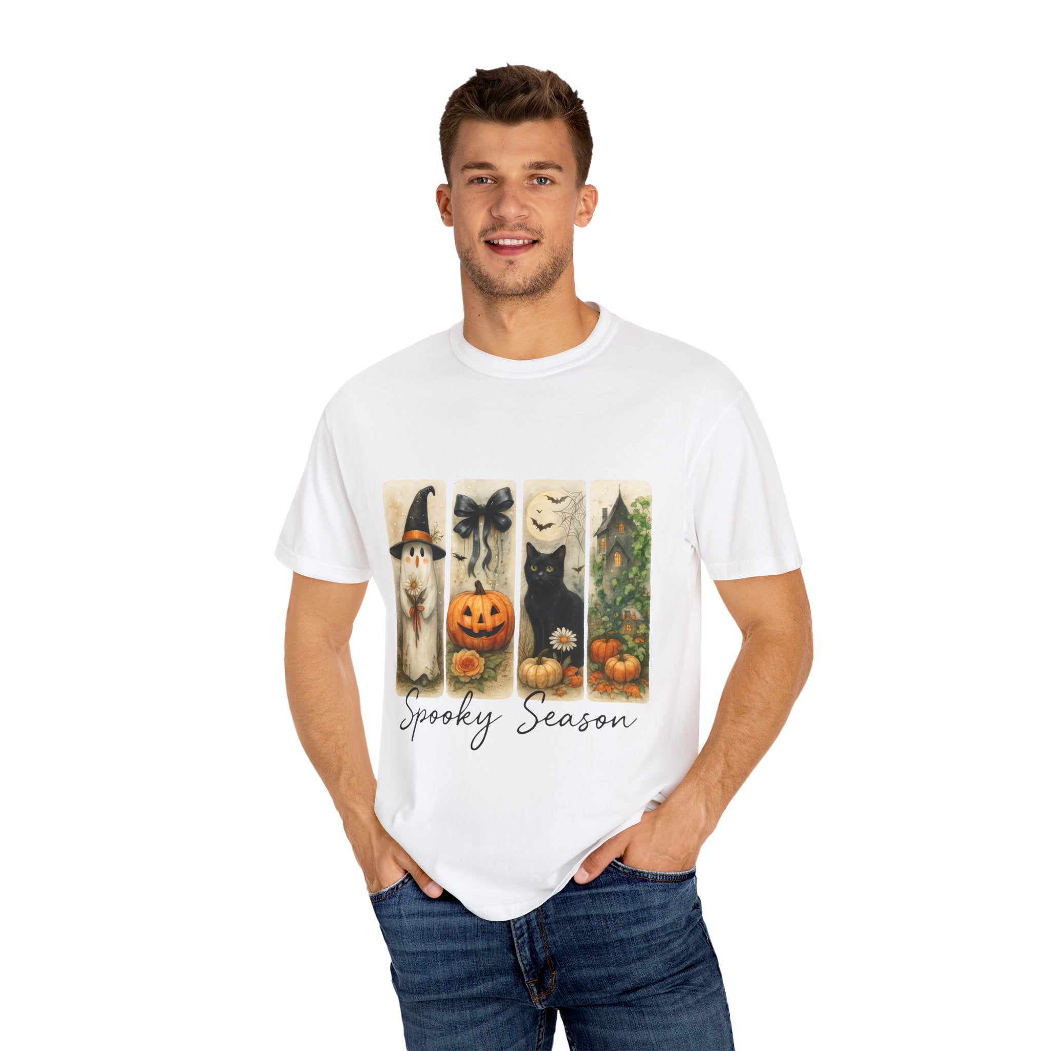 Vintage Halloween Unisex T-Shirt – Cute Ghost, Black Cat, Pumpkin & Haunted House Art