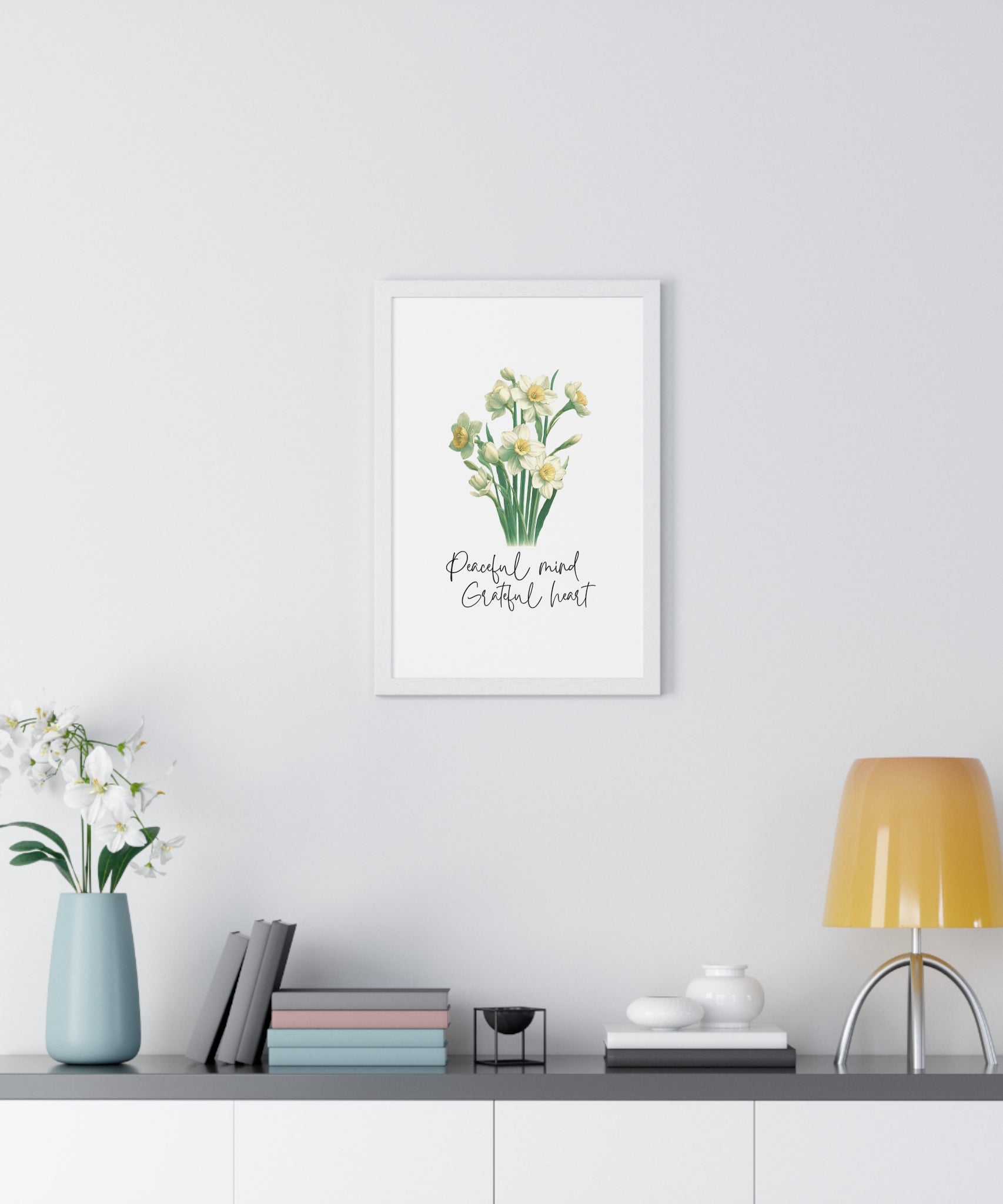 December Birth Month Flower Wall Art – Narcissus Illustration with Inspirational Quote in Wooden Frame | Peaceful Mind & Grateful Heart