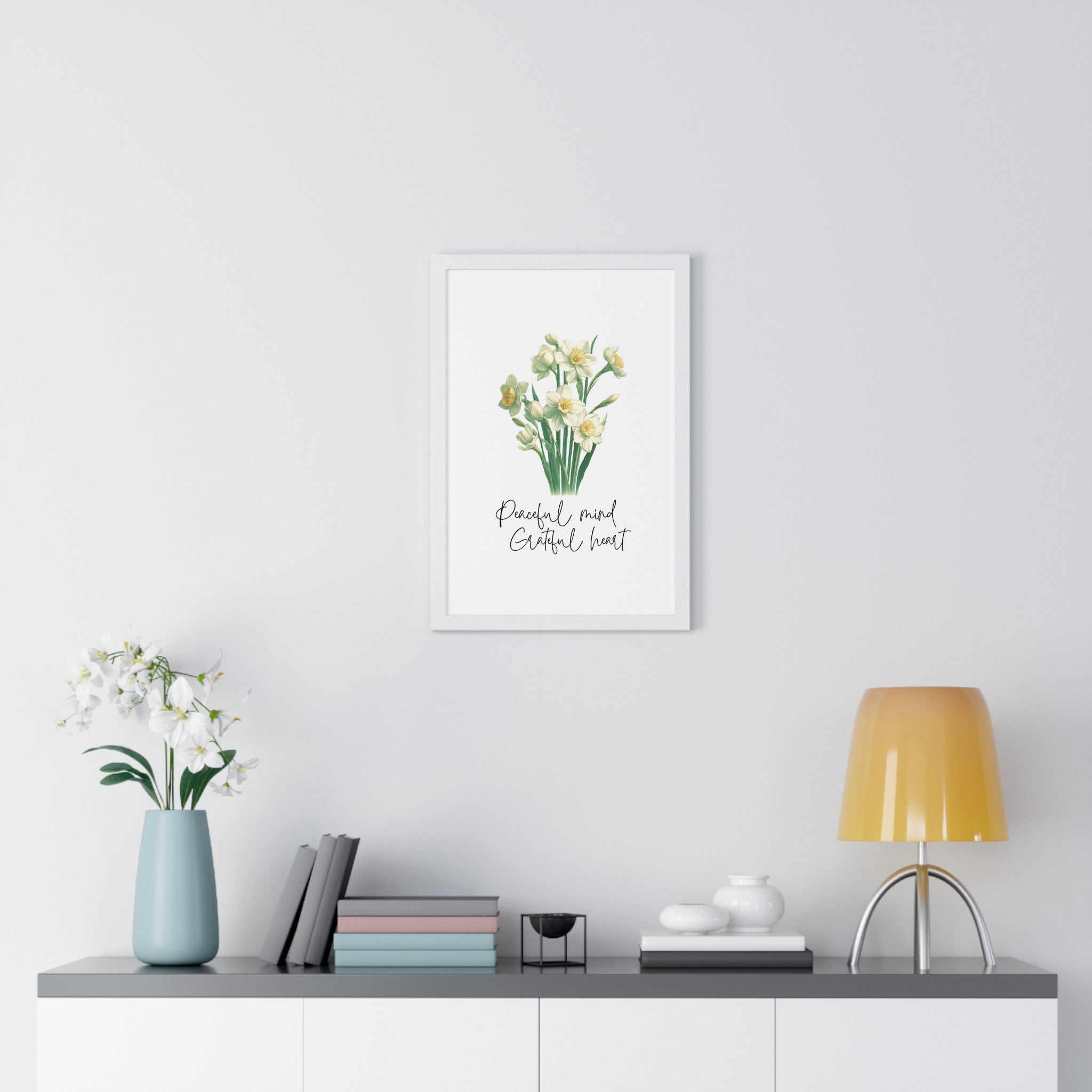 December Birth Month Flower Wall Art – Narcissus Illustration with Inspirational Quote in Wooden Frame | Peaceful Mind & Grateful Heart