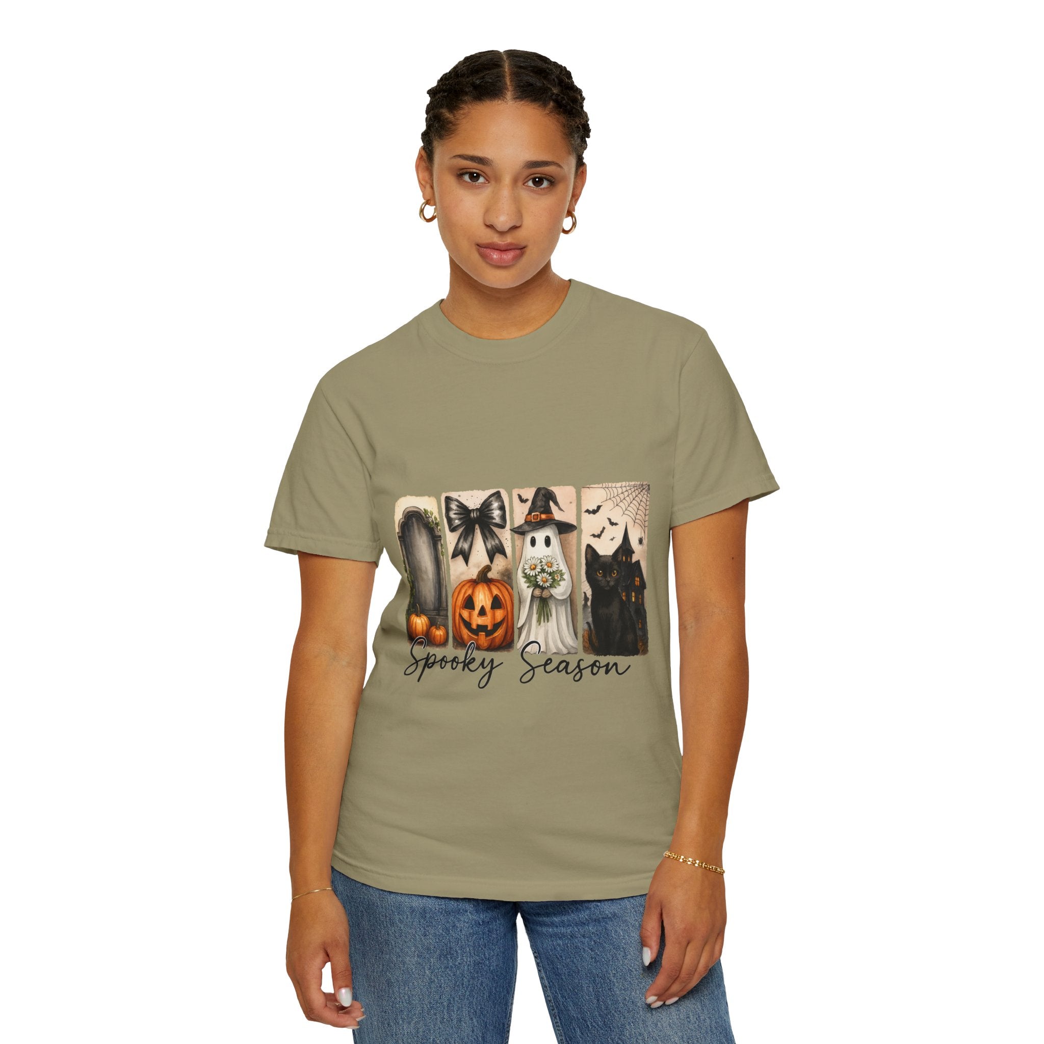 Spooky Season Unisex Halloween T-Shirt – Ghost, Black Cat, Pumpkin & Haunted House Art