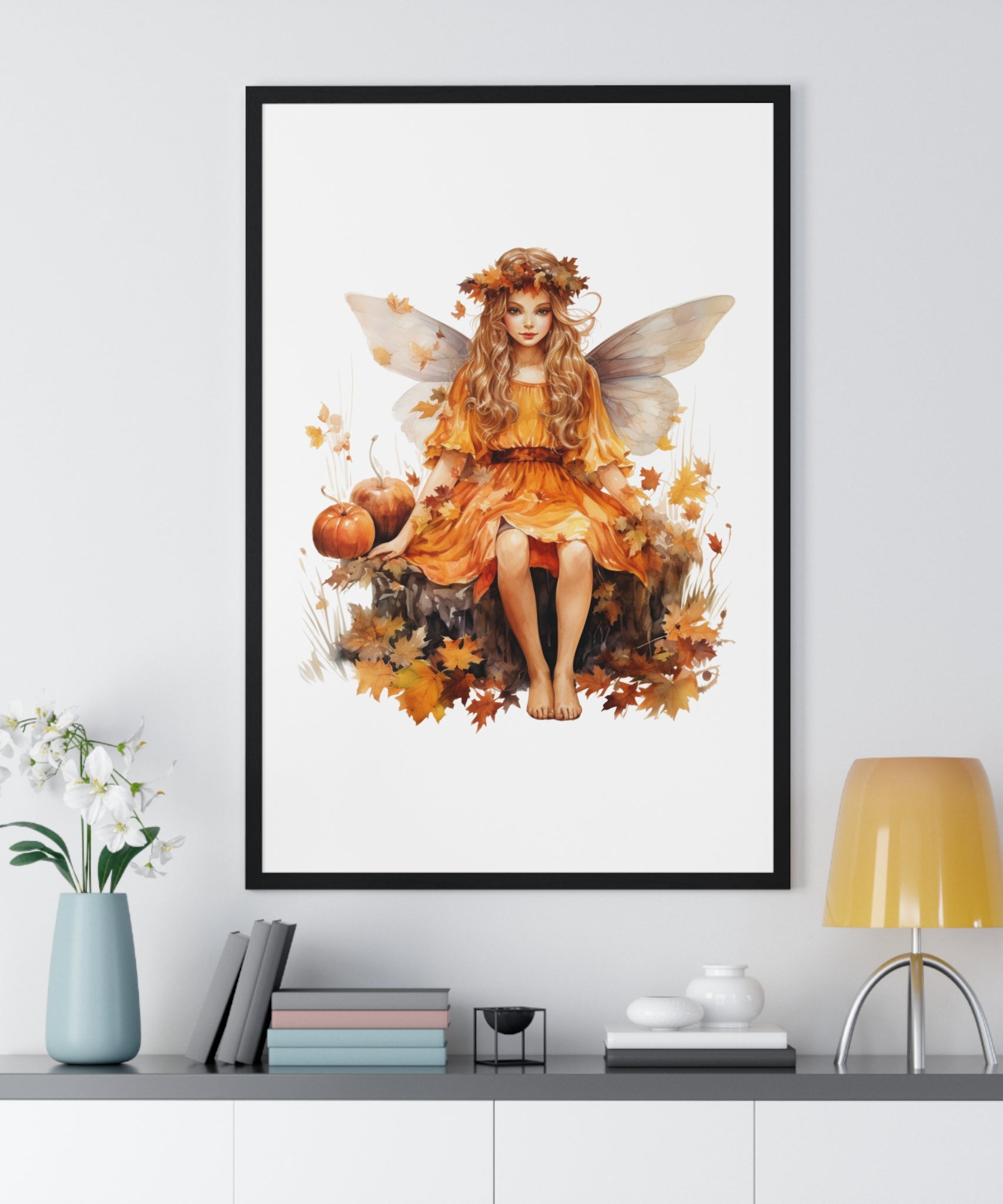 Fall Fairy Wall Art – Orange Dress Woodland Fairy with Pumpkins | Wooden Frame Poster for Autumn Home Decor