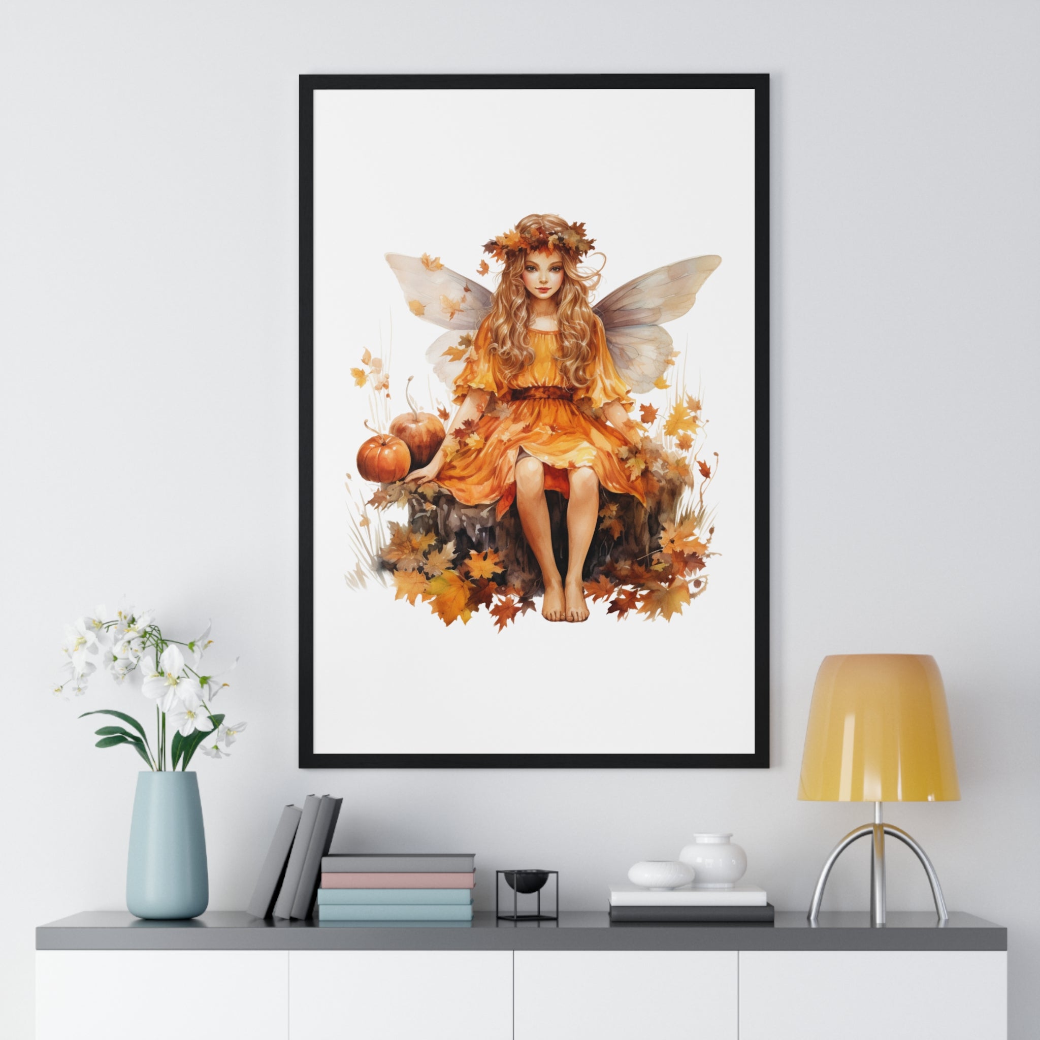 Fall Fairy Wall Art – Orange Dress Woodland Fairy with Pumpkins | Wooden Frame Poster for Autumn Home Decor