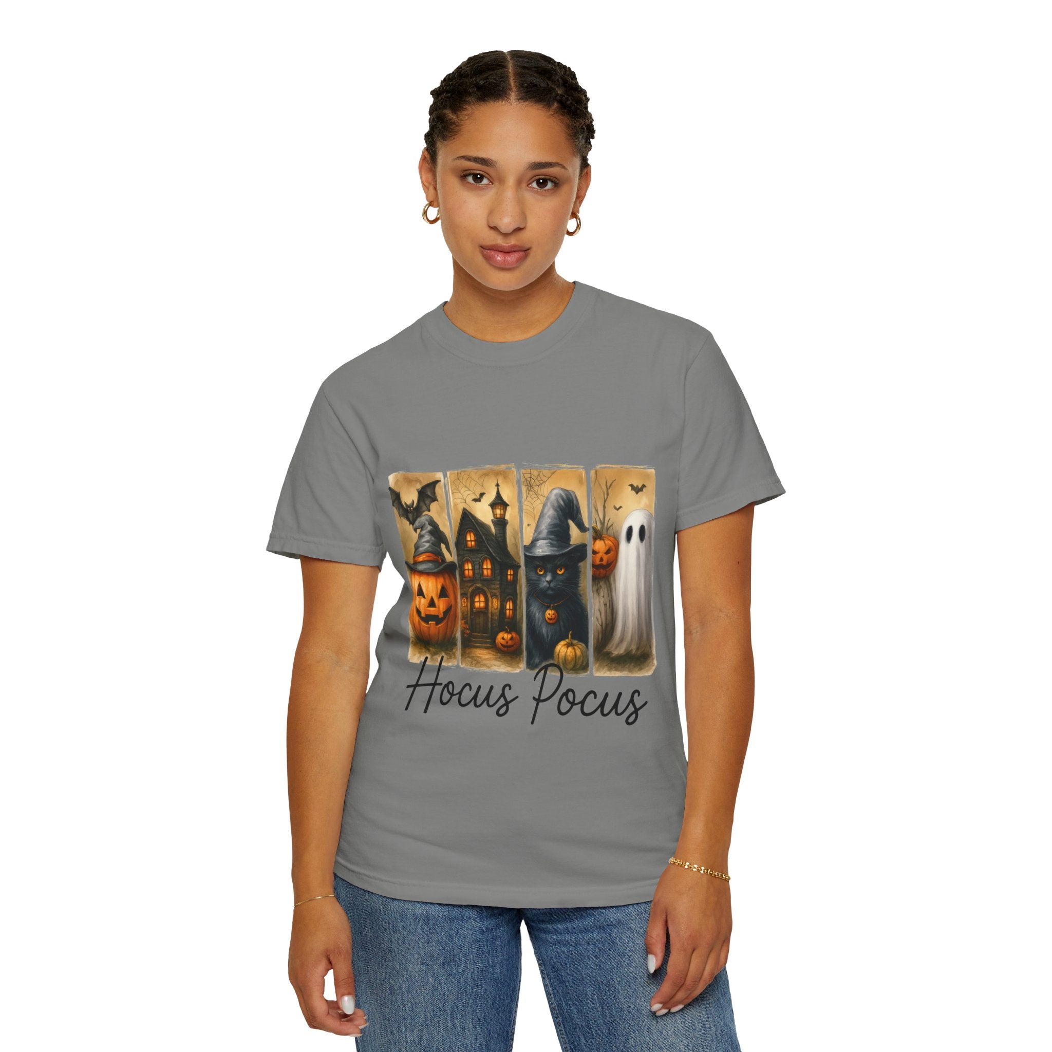 Hocus Pocus Halloween Unisex T-Shirt – Witchy Cat, Haunted House, Pumpkin & Ghost Art