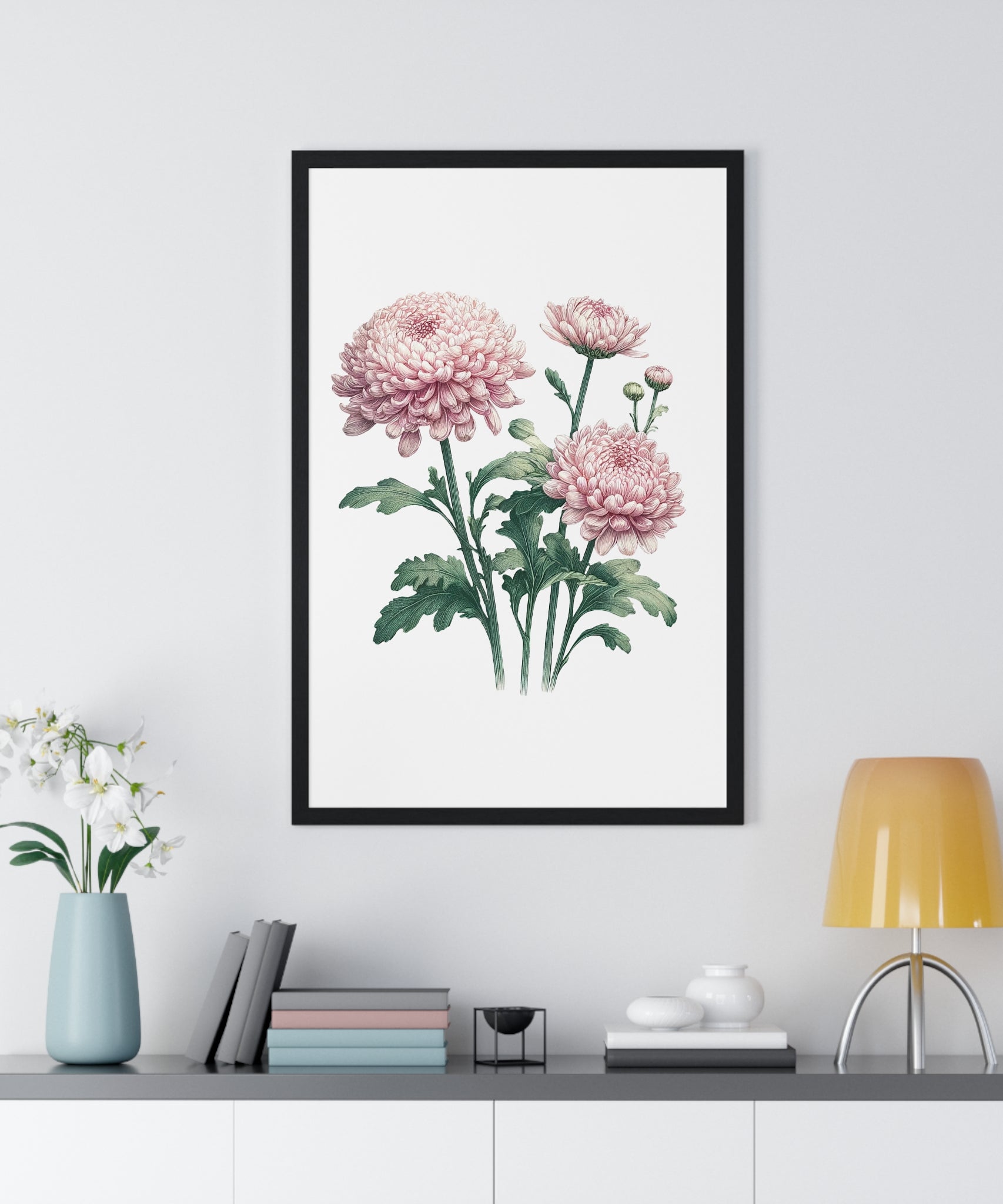 November Birth Month Flower Wall Art – Pink Chrysanthemum Illustration in Wooden Frame | Loyalty, Love & Joy