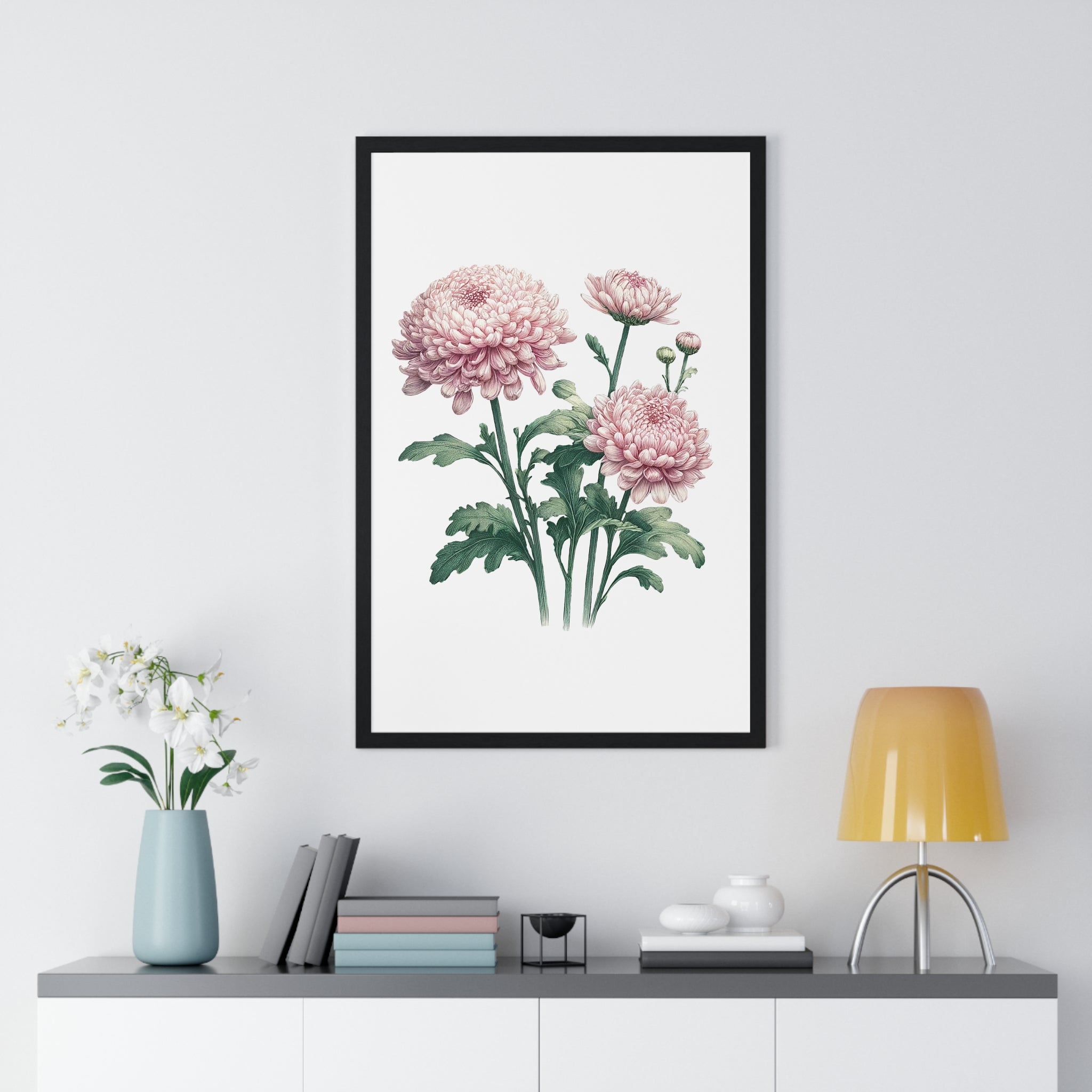 November Birth Month Flower Wall Art – Pink Chrysanthemum Illustration in Wooden Frame | Loyalty, Love & Joy
