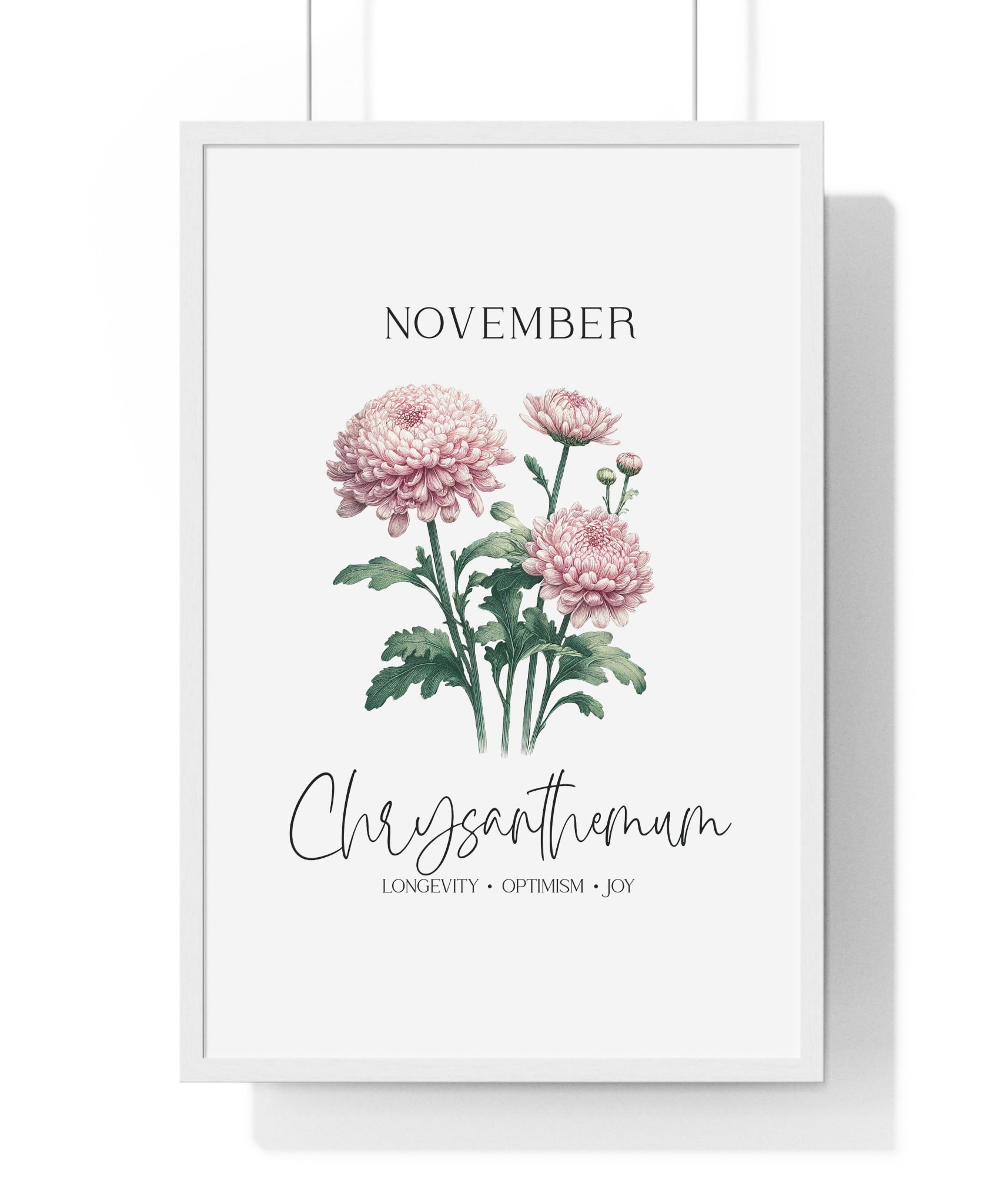 November Birth Month Flower Wall Art – Chrysanthemum Illustration in Wooden Frame | Longevity, Optimism & Joy