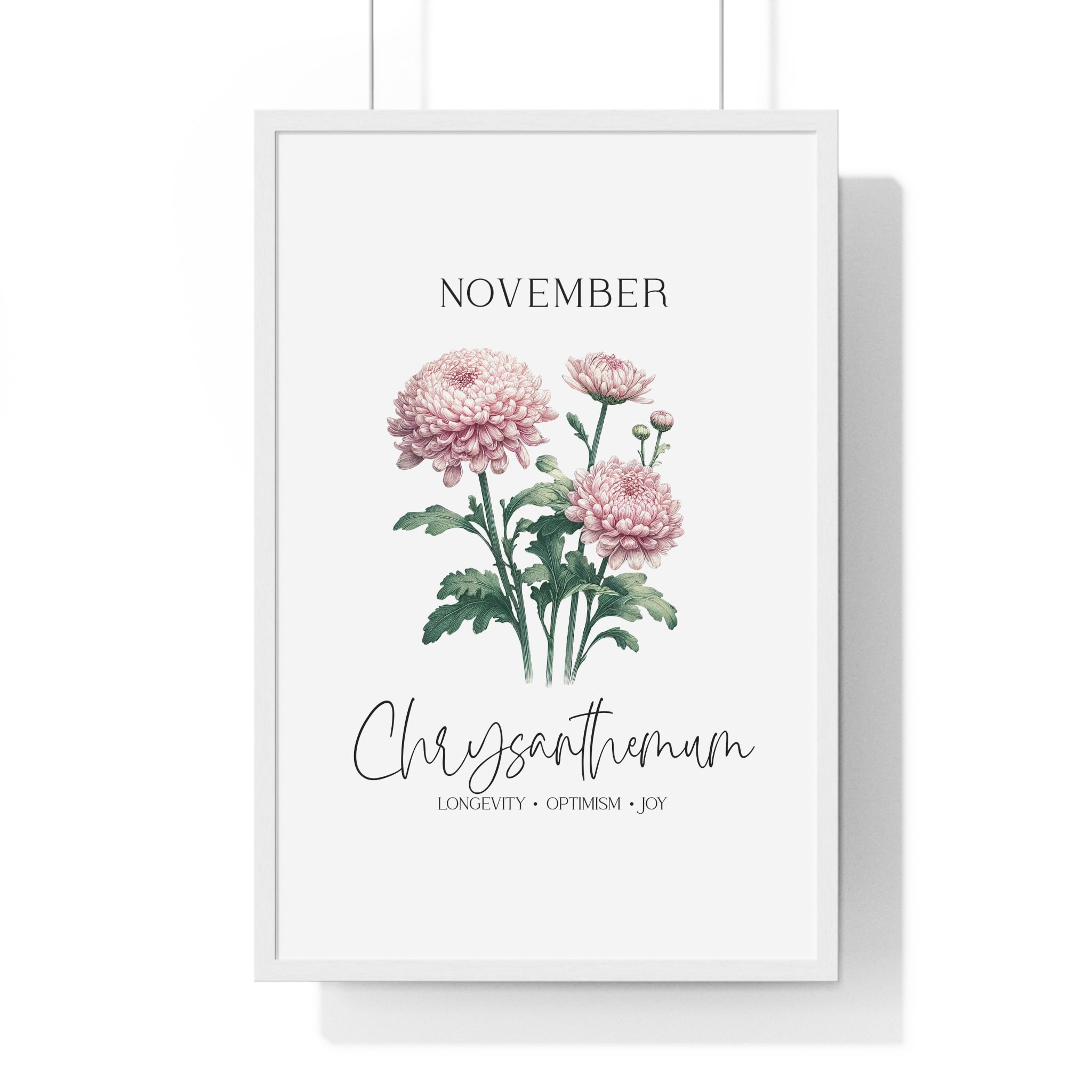 November Birth Month Flower Wall Art – Chrysanthemum Illustration in Wooden Frame | Longevity, Optimism & Joy