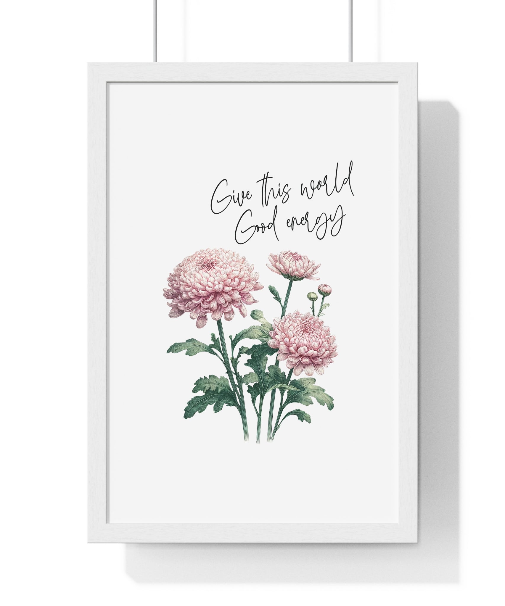 November Birth Month Flower Wall Art – Chrysanthemum Illustration with Inspirational Quote in Wooden Frame | Good Energy & Joy