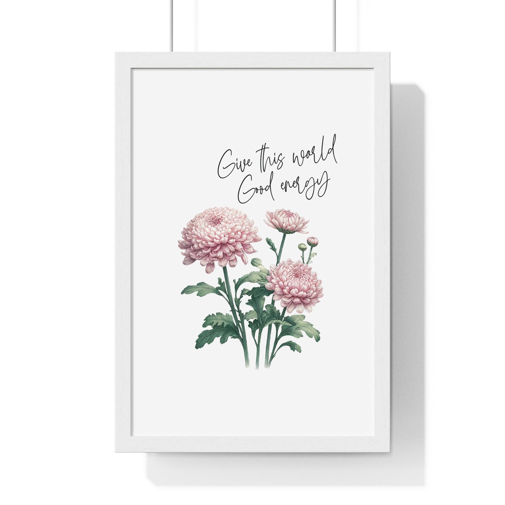 November Birth Month Flower Wall Art – Chrysanthemum Illustration with Inspirational Quote in Wooden Frame | Good Energy & Joy