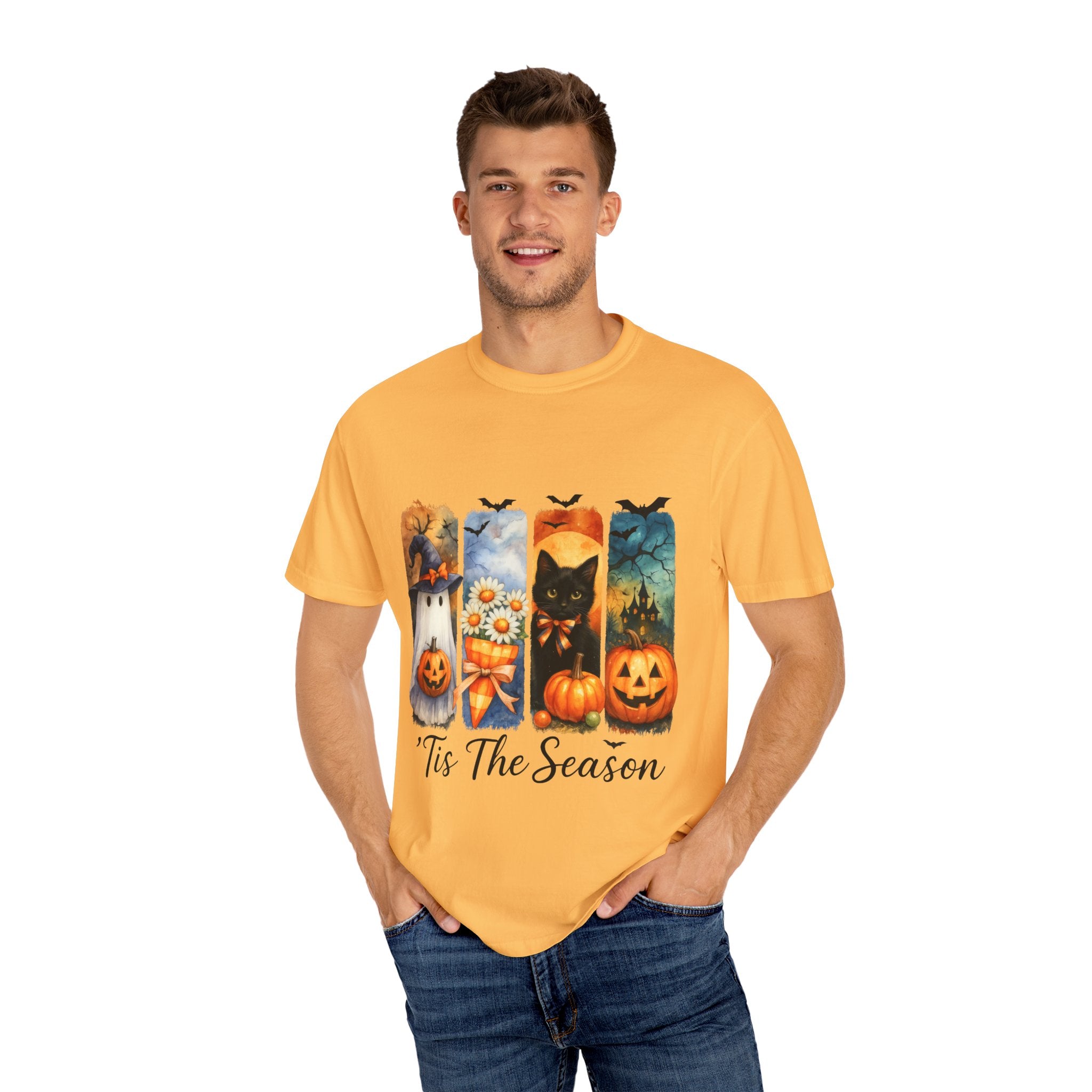 Whimsical Halloween T-Shirt – Ghost, Black Cat, Pumpkins & Haunted House Design