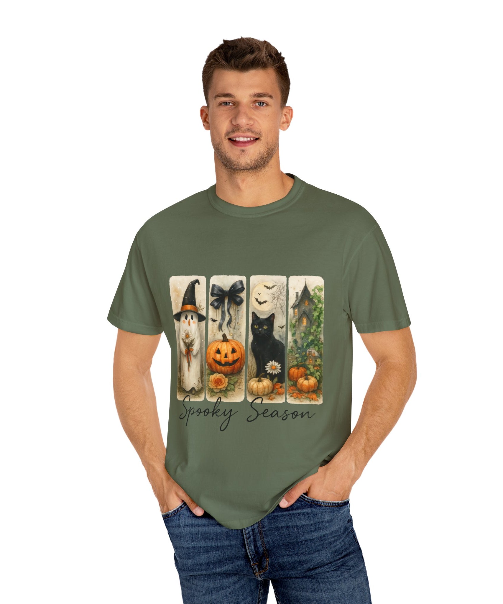 Vintage Halloween Unisex T-Shirt – Cute Ghost, Black Cat, Pumpkin & Haunted House Art - Gallory Hive