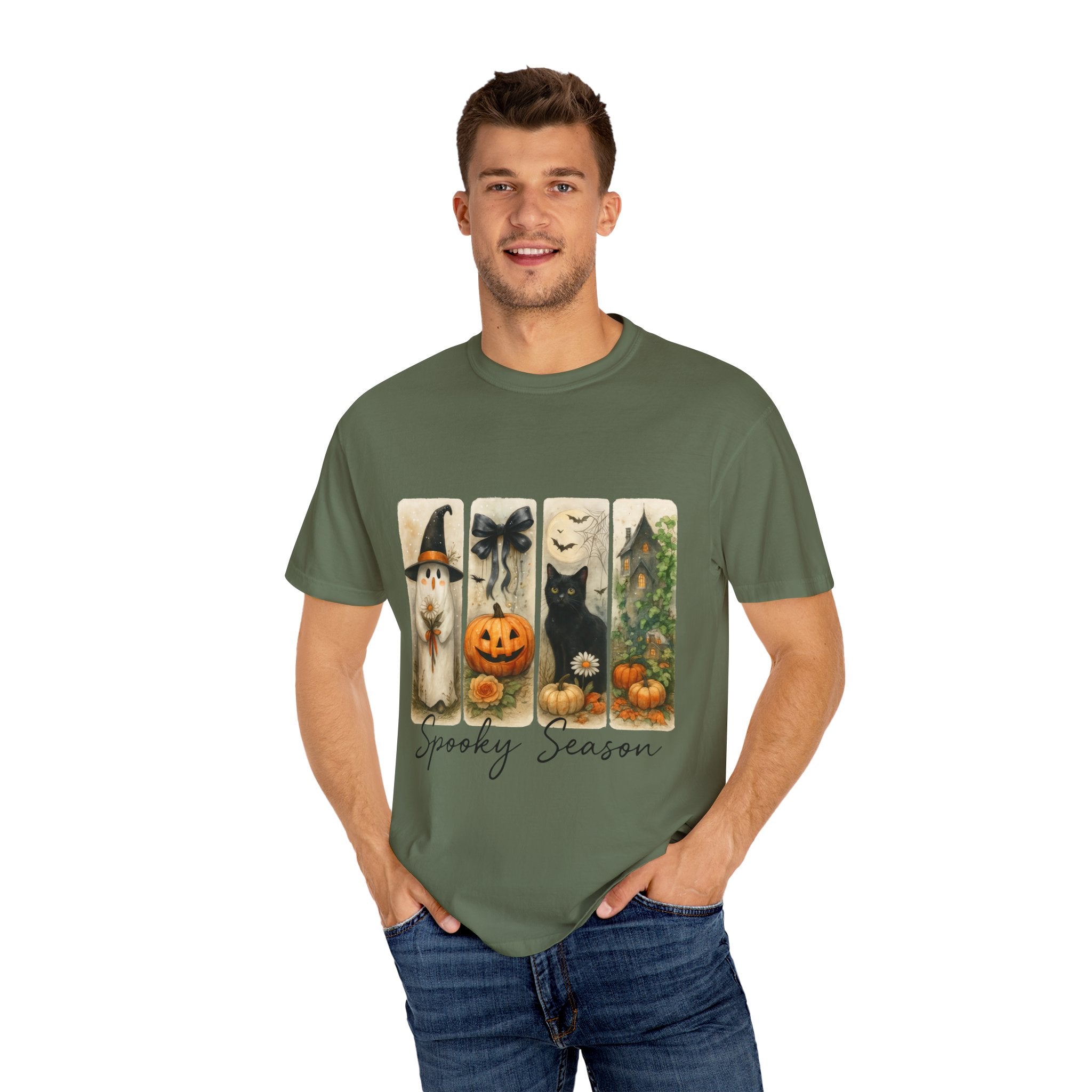 Vintage Halloween Unisex T-Shirt – Cute Ghost, Black Cat, Pumpkin & Haunted House Art - Gallory Hive