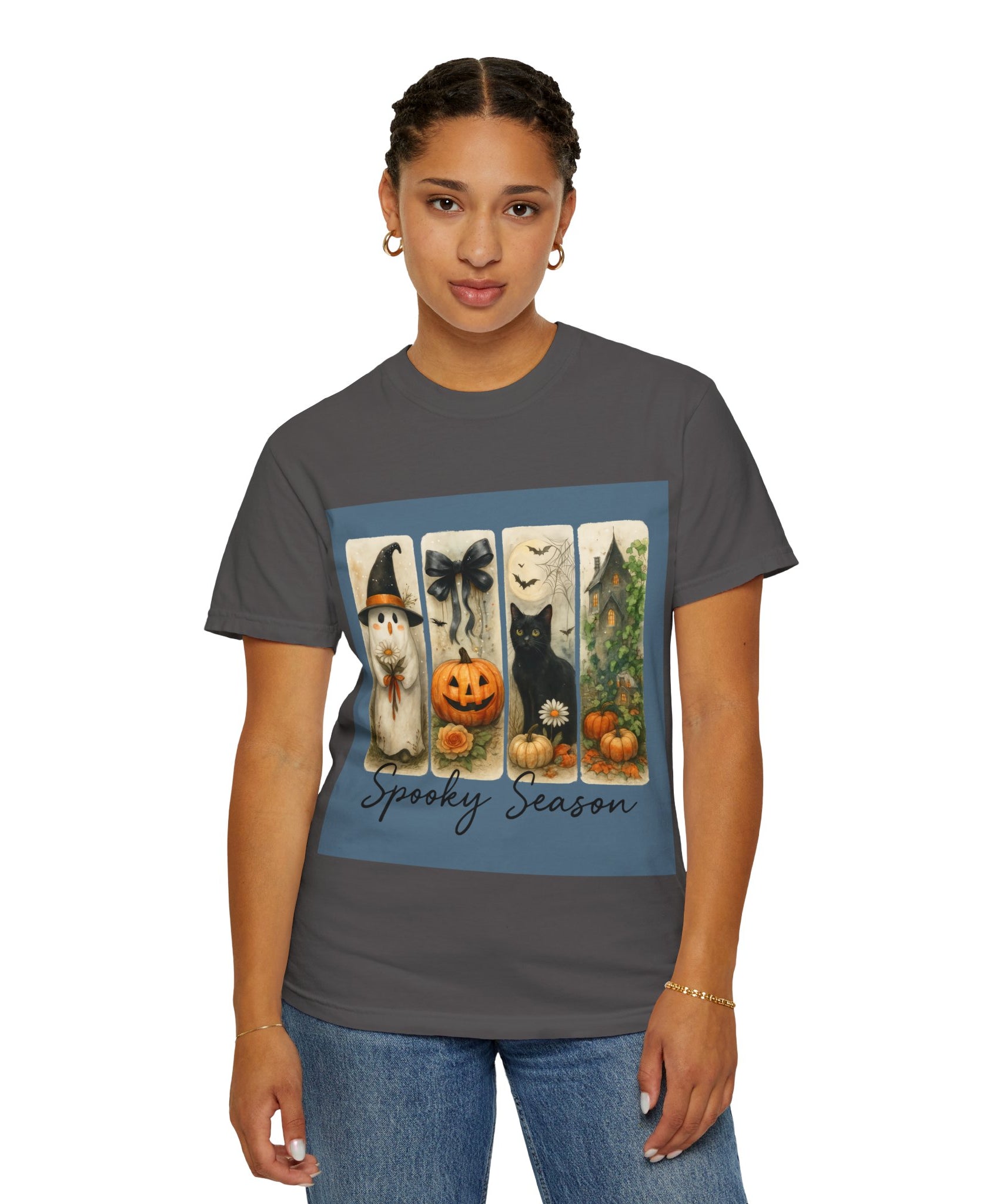 Vintage Halloween Unisex T-Shirt – Cute Ghost, Black Cat, Pumpkin & Haunted House Art - Gallory Hive