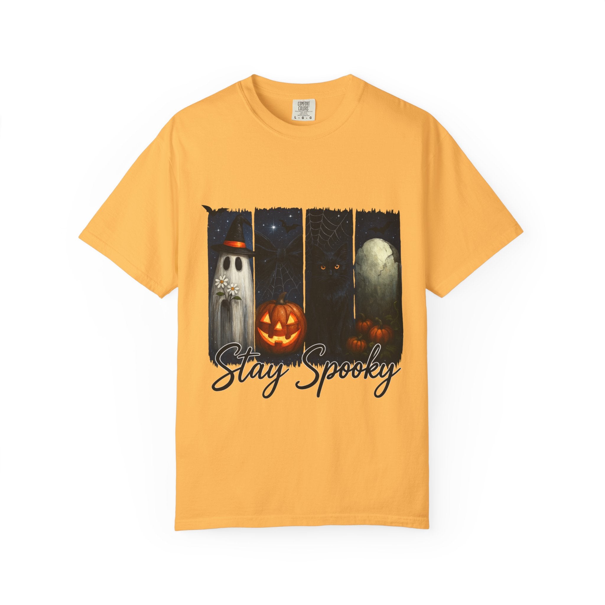 Stay Spooky Halloween T-Shirt – Cute Ghost, Black Cat, Pumpkin & Graveyard Design