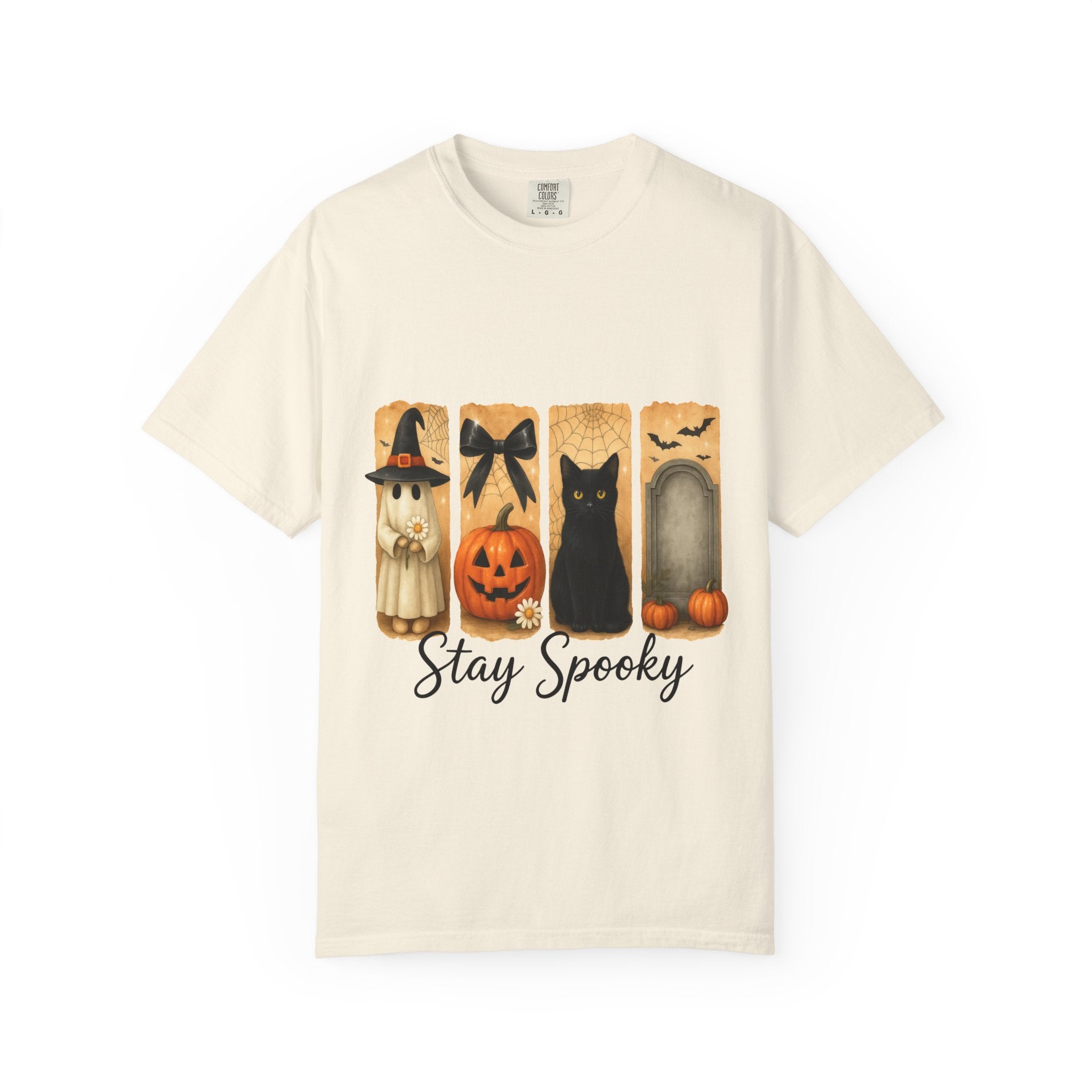 Cute Halloween T-Shirt – Ghost in Witch Hat, Pumpkin, Black Cat & Tombstone Design - Gallory Hive