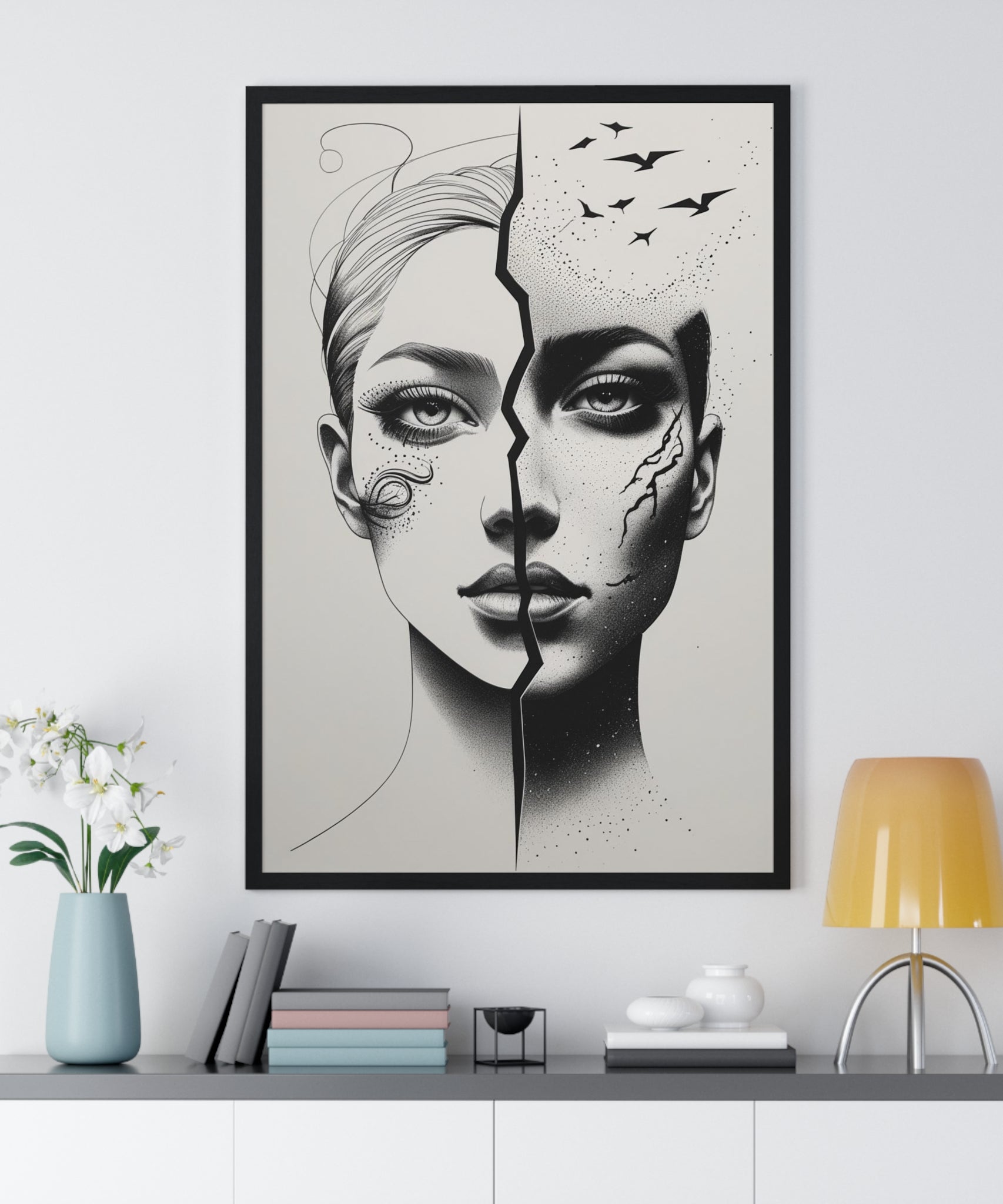 Vertical Framed Poster, Artistic Split Face Poster, Abstract Wall Art, Modern Home Decor, Unique Gift for Art Lovers, Stylish Room - Gallory Hive