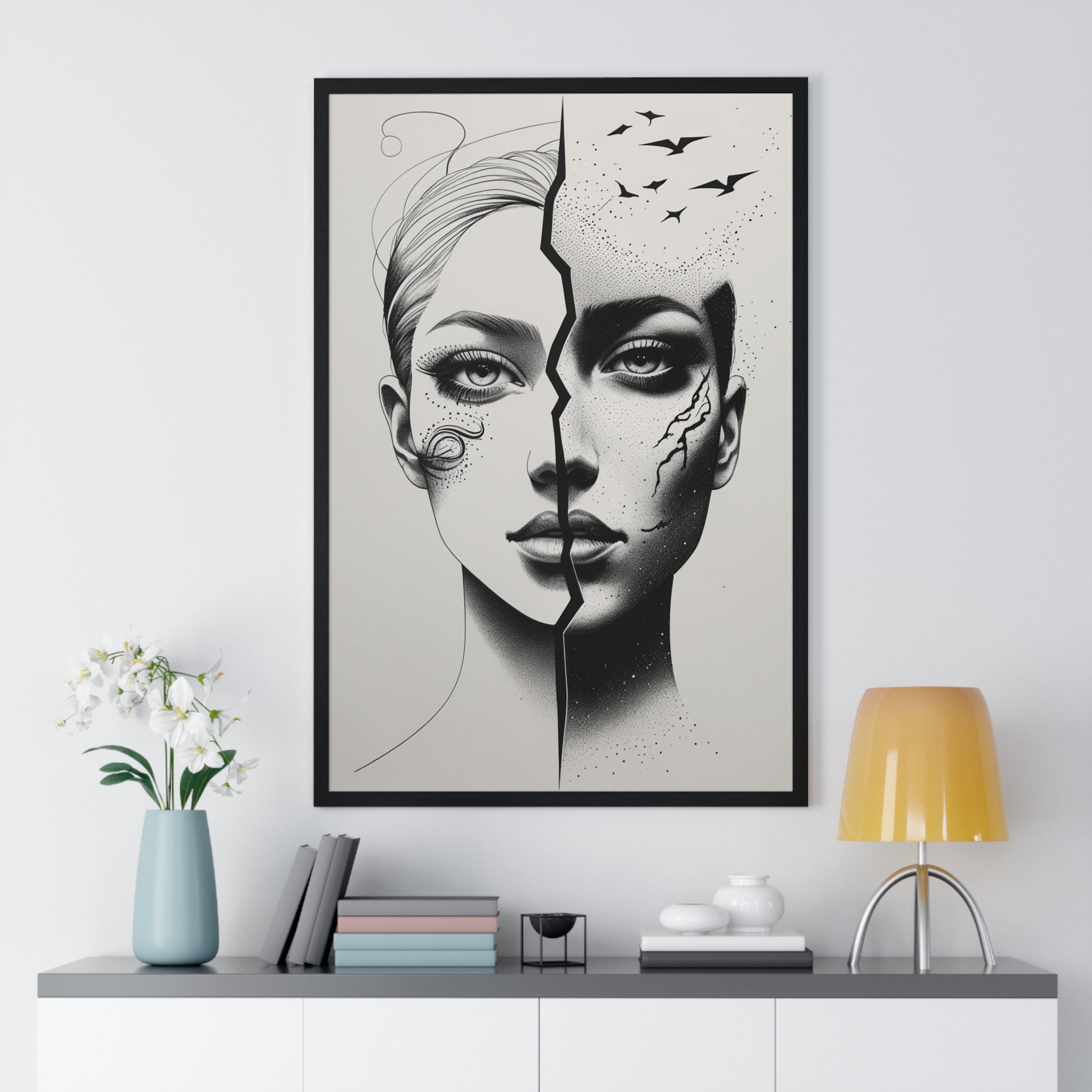 Vertical Framed Poster, Artistic Split Face Poster, Abstract Wall Art, Modern Home Decor, Unique Gift for Art Lovers, Stylish Room