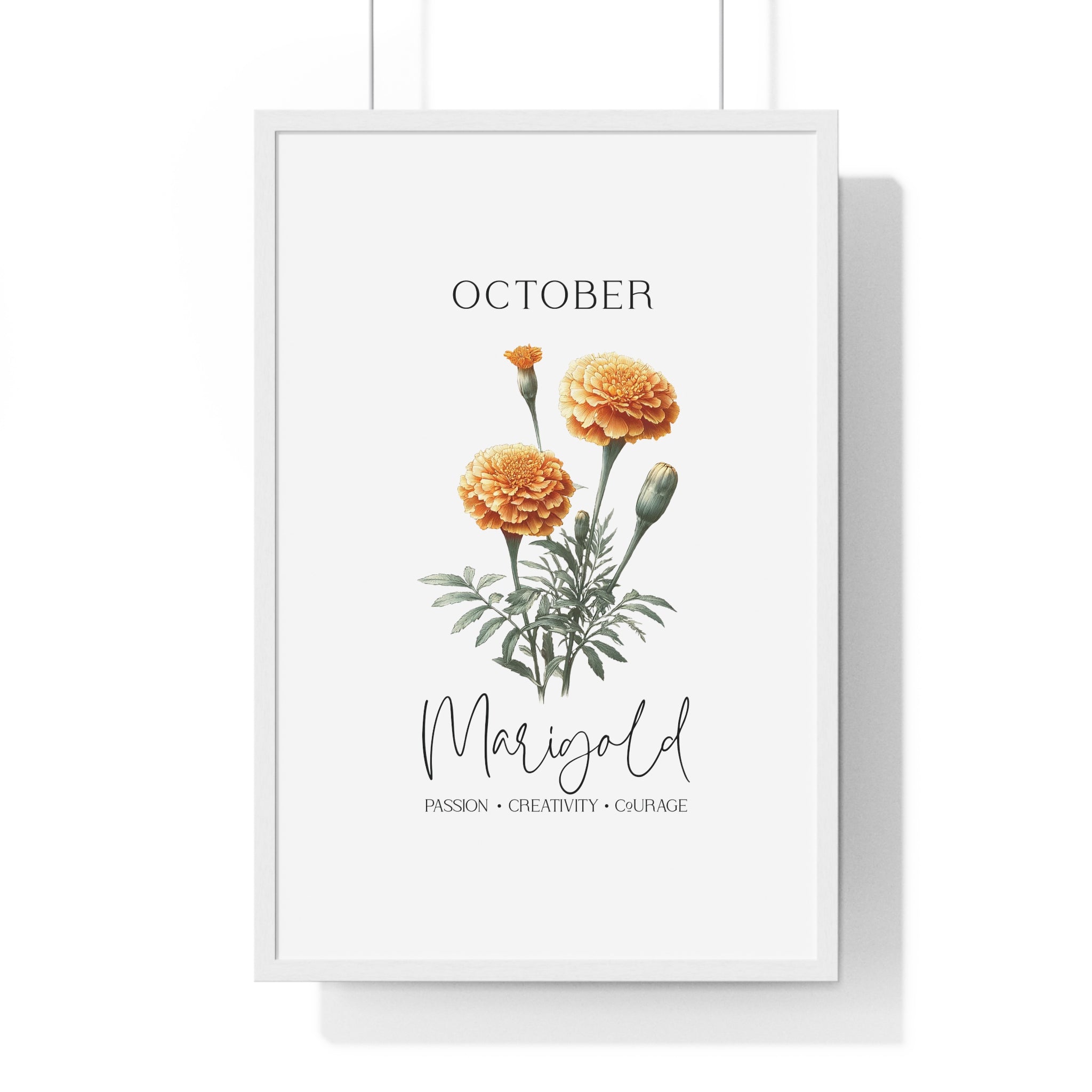 October Birth Month Flower Wall Art – Marigold Illustration in Wooden Frame | Passion, Creativity & Courage