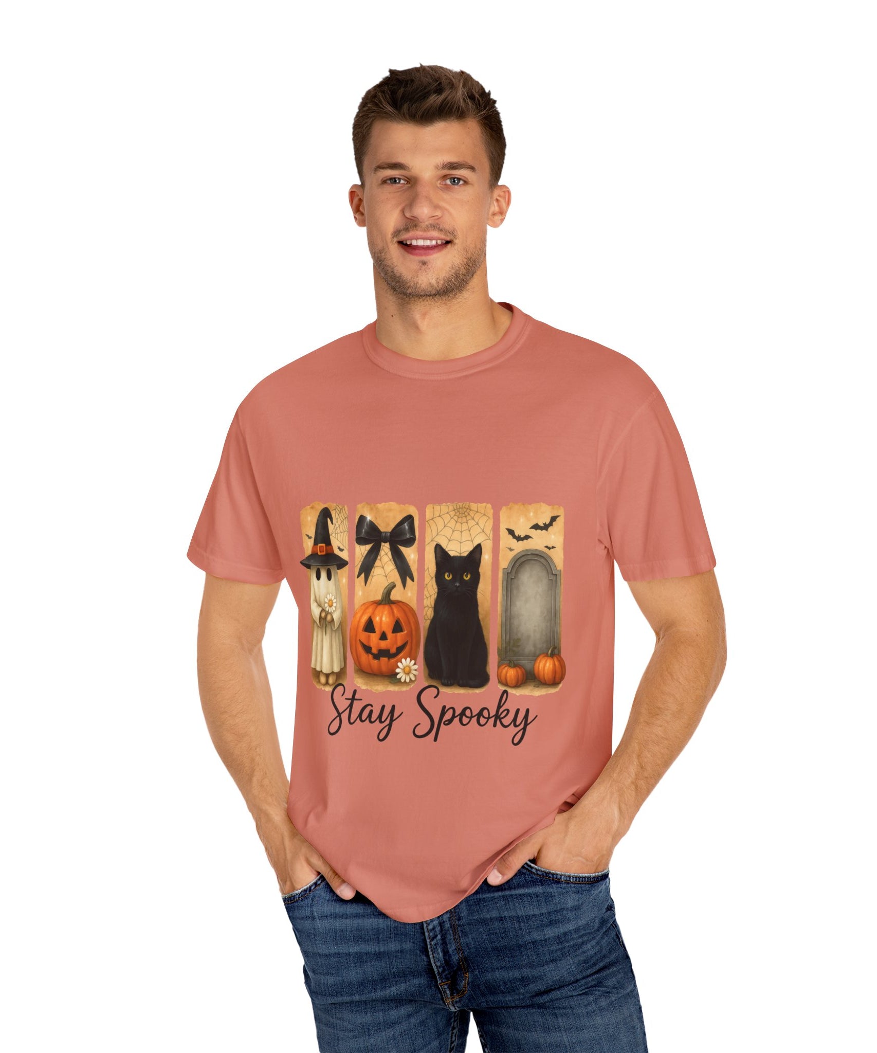 Cute Halloween T-Shirt – Ghost in Witch Hat, Pumpkin, Black Cat & Tombstone Design - Gallory Hive