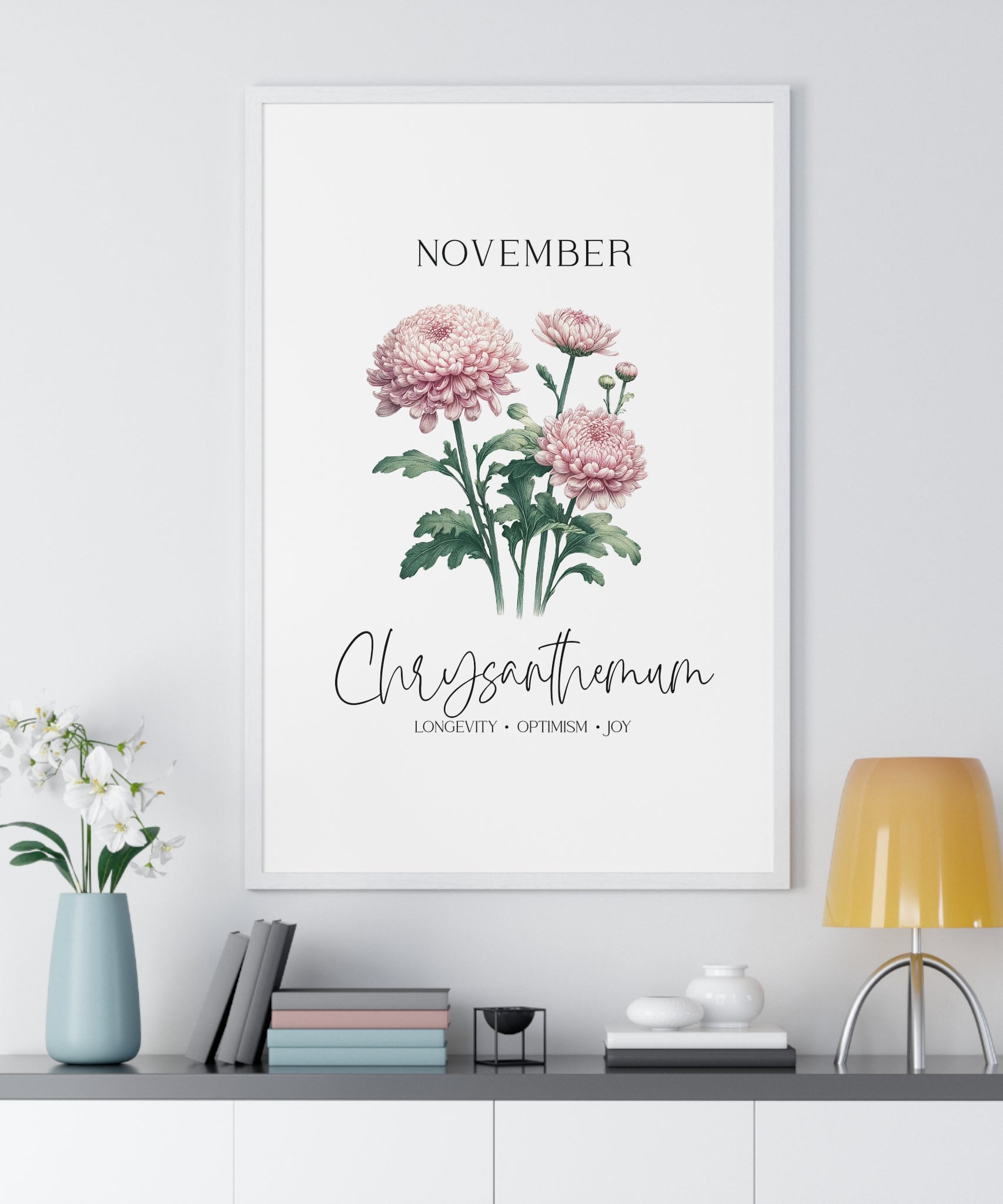 November Birth Month Flower Wall Art – Chrysanthemum Illustration in Wooden Frame | Longevity, Optimism & Joy